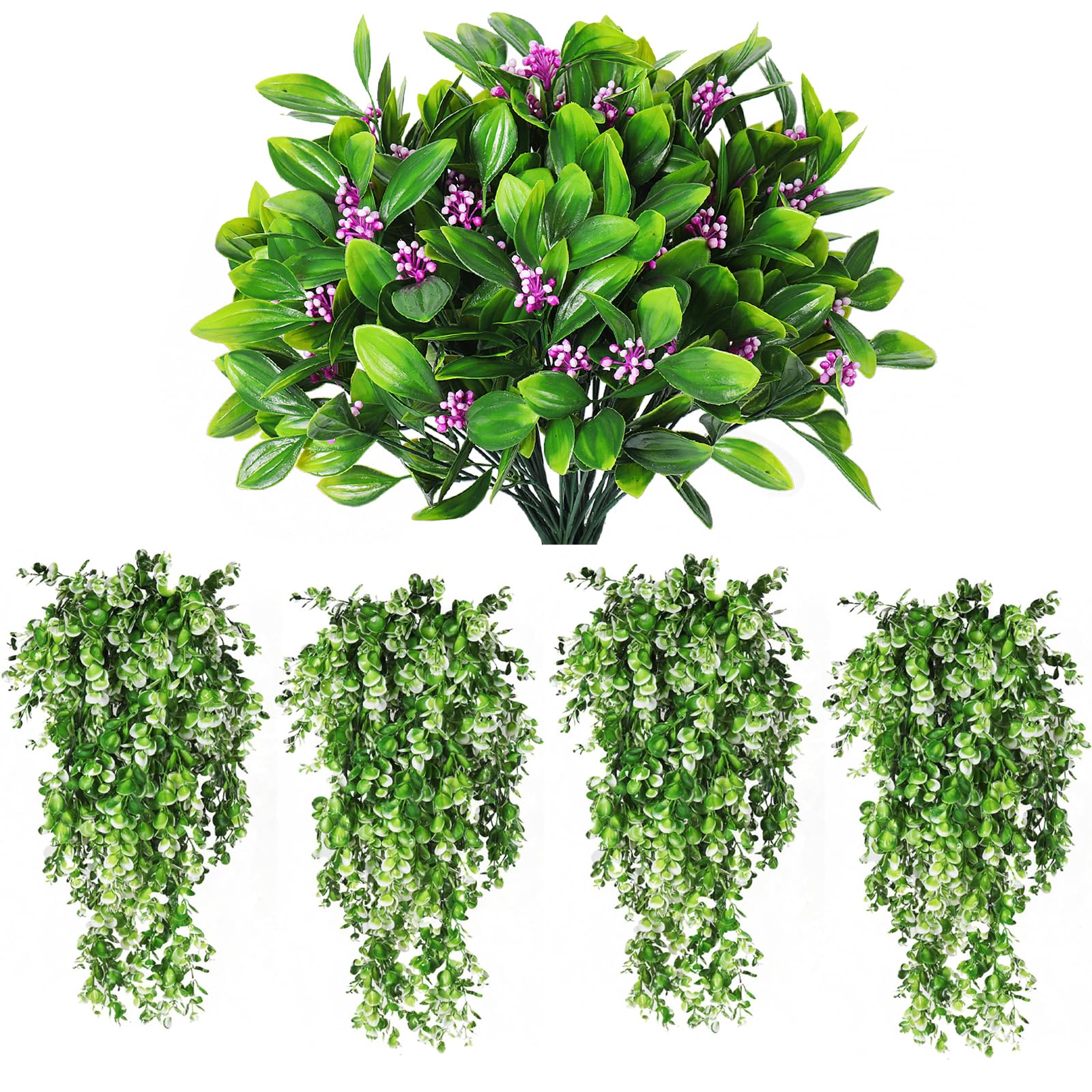 RECUTMS Artificial shrubs Fern Leaves Faux Plastic Grass Bean and Artificial Hanging Plants 4 Pack Fake Hanging Plant