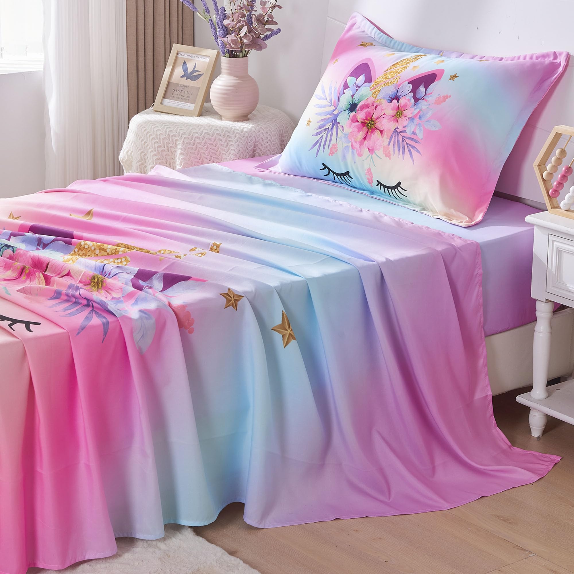 VIVILINEN Twin Size Sheet Set 3 Piece Rainbow Unicorn Kids Bed Sheets Set for Girls Kids Bedding Sheets