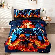 5 Pcs Full Bedding Set for Boys & Teens, Gaming Comforter Sets with Sheets, Cool Fire Blue Boys Gamer Bedding Sets Full Size