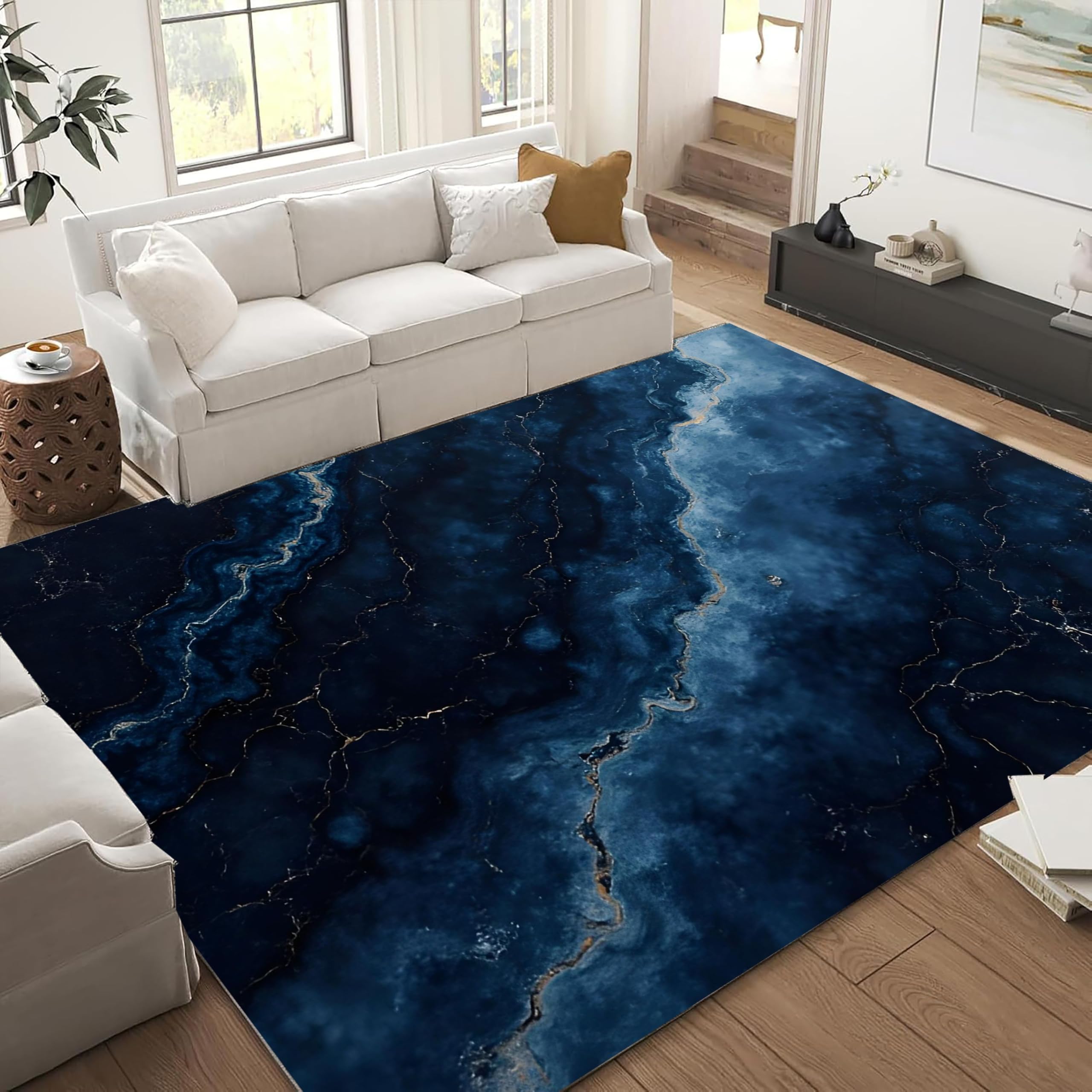 ZCLRUG Abstract Modern Area Rug for Bedroom, 60x90cm, Vintage Stain Resistant Washable Blue Rug Large Living Room Carpet with Non-slip Backing, Easy Care Throw Carpets Mats for Bath Study
