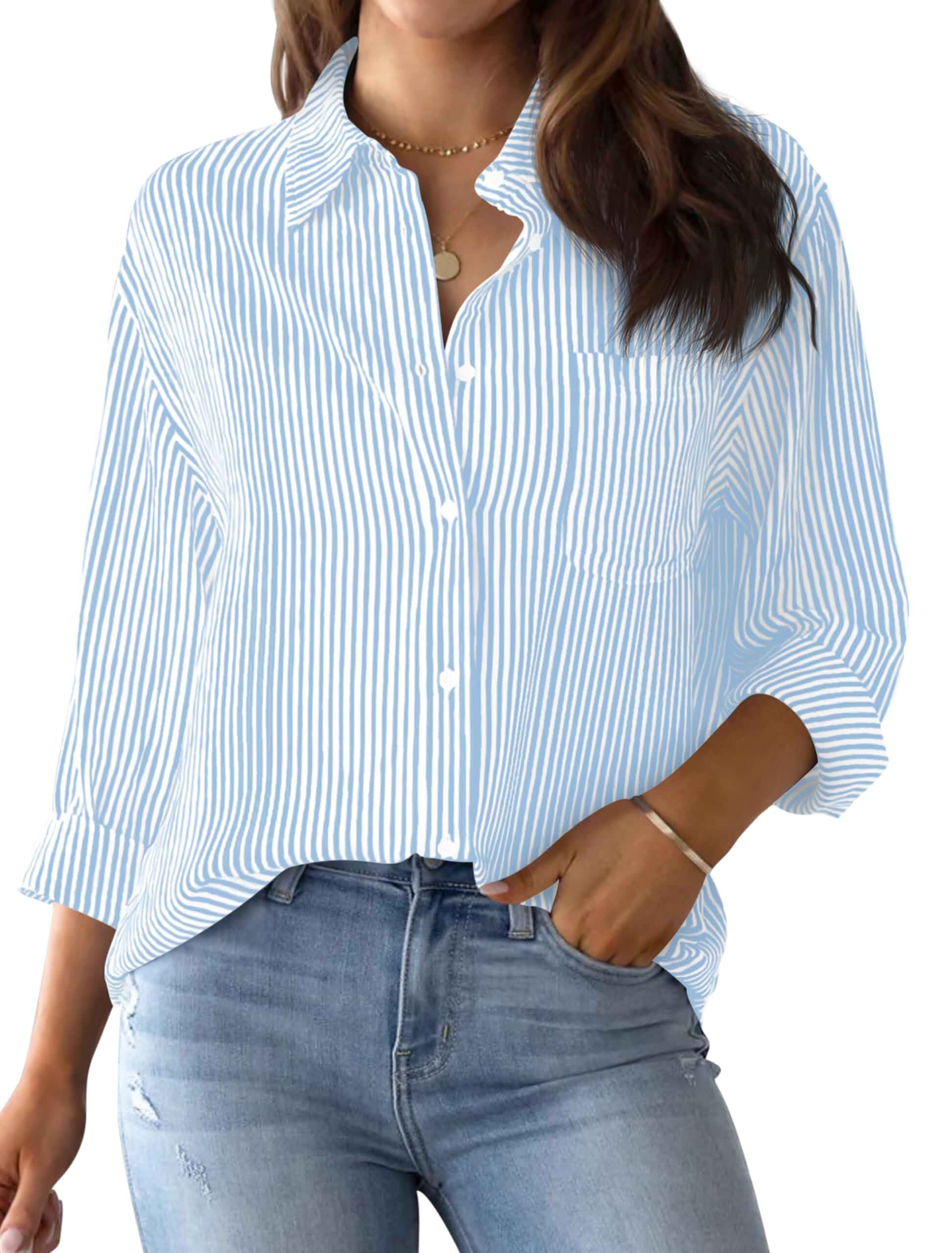 AISEW Womens Button Down Shirts Striped Classic Long Sleeve Collared Office Work Blouses Tops with Pocket Fitted