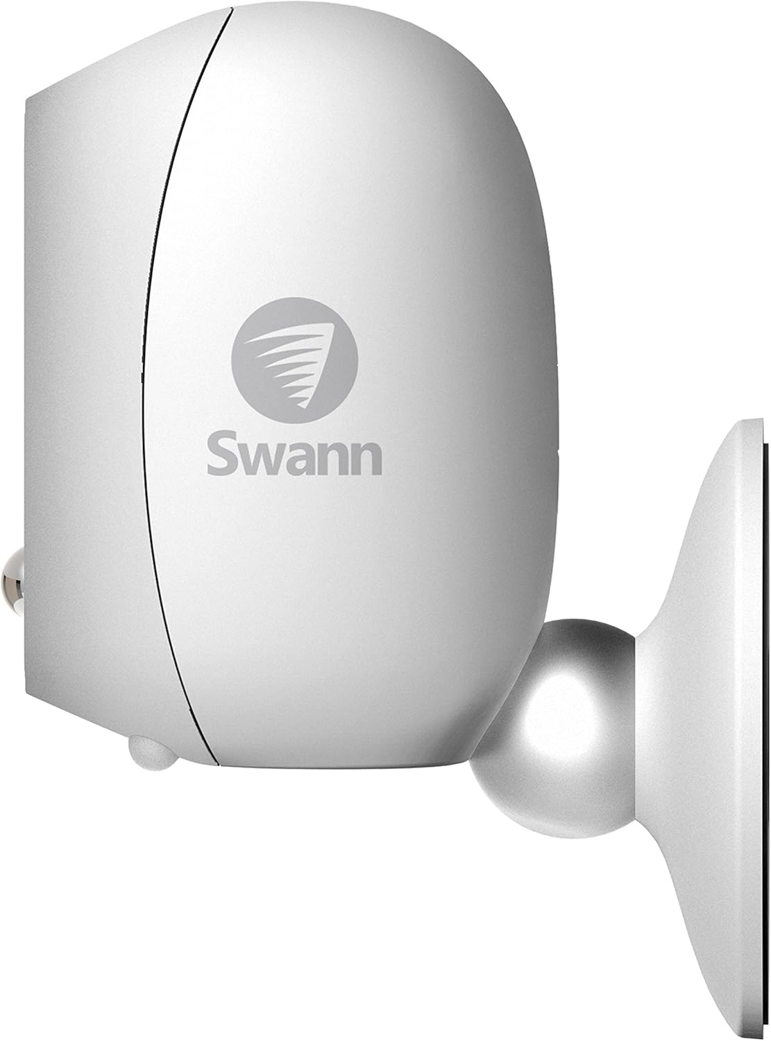 A person cupping their ear to listen, with sound waves emanating from the Swann Smart Security Camera, illustrating its audio capabilities.
