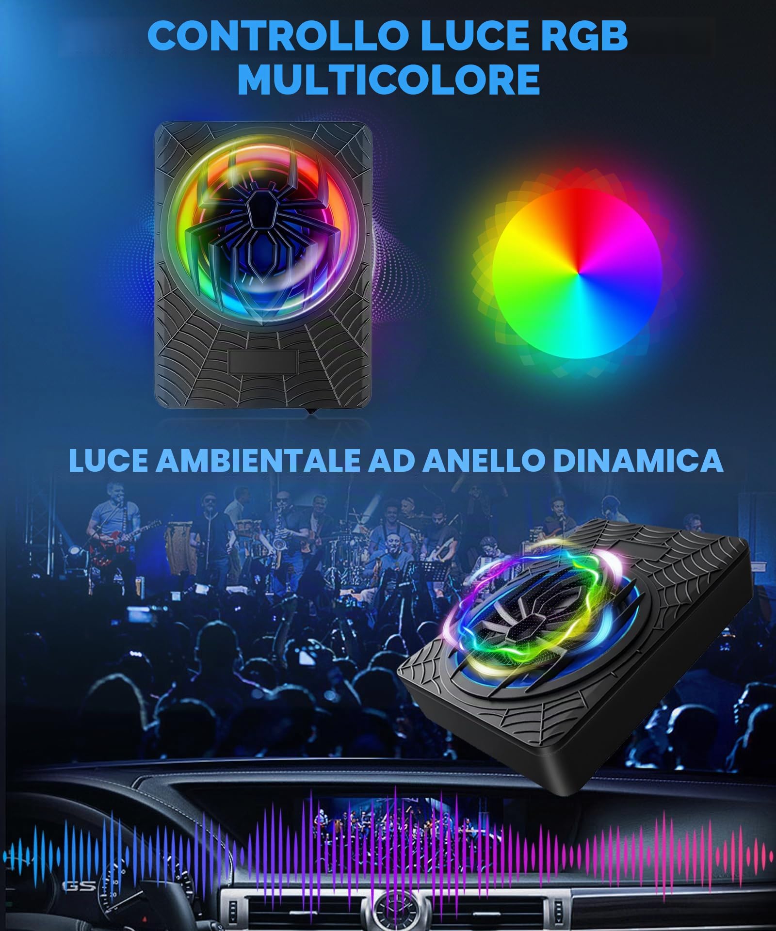 Hodozzy Subwoofer Attivo per Auto da 1200W 10 Pollici, Set Subwoofer e Amplificatore Ultrapiatto ad Alta Potenza da Posizionare Sotto il Sedile con Luce RGB Sincronizzata al Ritmo, Motivo a Ragno