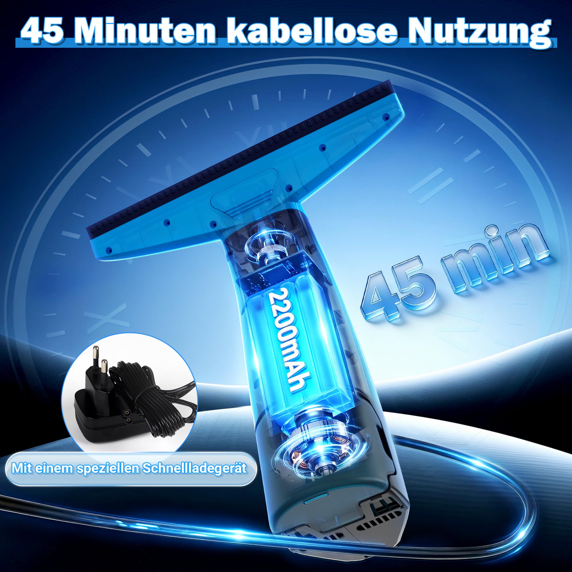 EAVE Fenstersauger Set, Akku Fenstersauger 45 Minuten Akkulaufzeit, Fensterreiniger Elektrisch 28cm Saugdüse 200ml Wassertank