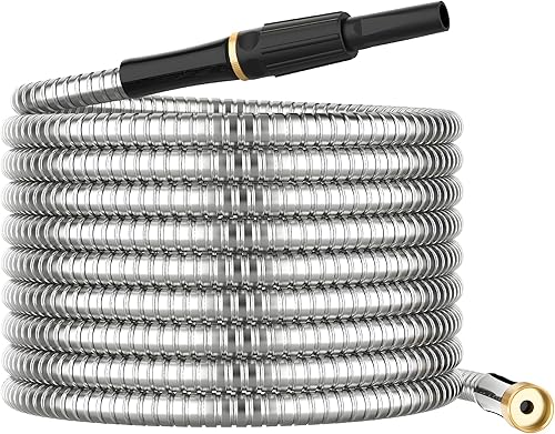 Manguera de jardín de metal no expandible de 25 pies con boquilla rociadora, flexible, sin torceduras, tubo de agua ligero y resistente, manguera de