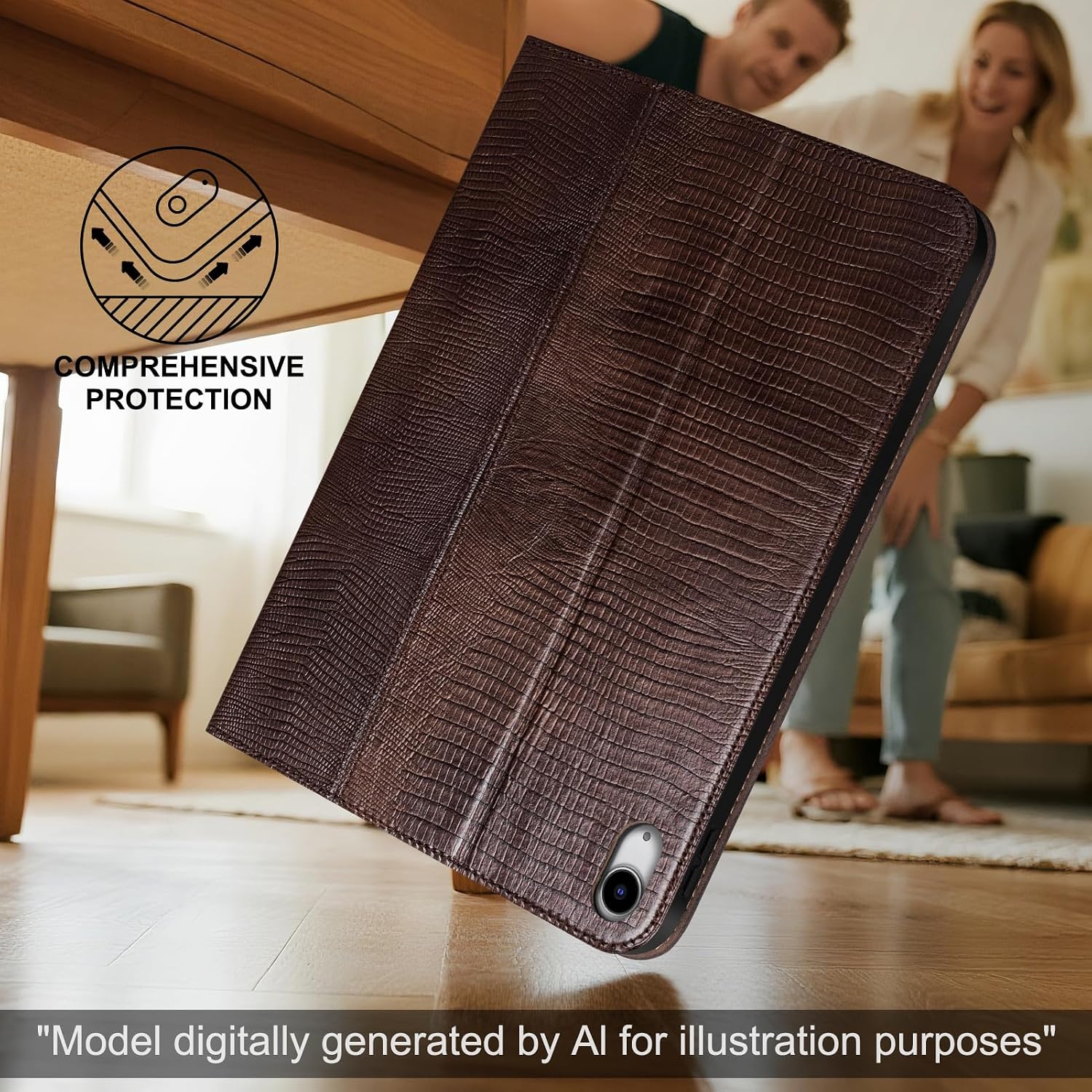 Leather Case for iPad (A16) 11th Gen. 2025 11 Inch, iPad 10th Gen.2022 10.9 Inch, Full Grain Leather, Smart Protective Cover with Auto Sleep/Wake, Anti Slip, Lizard Pattern Brown