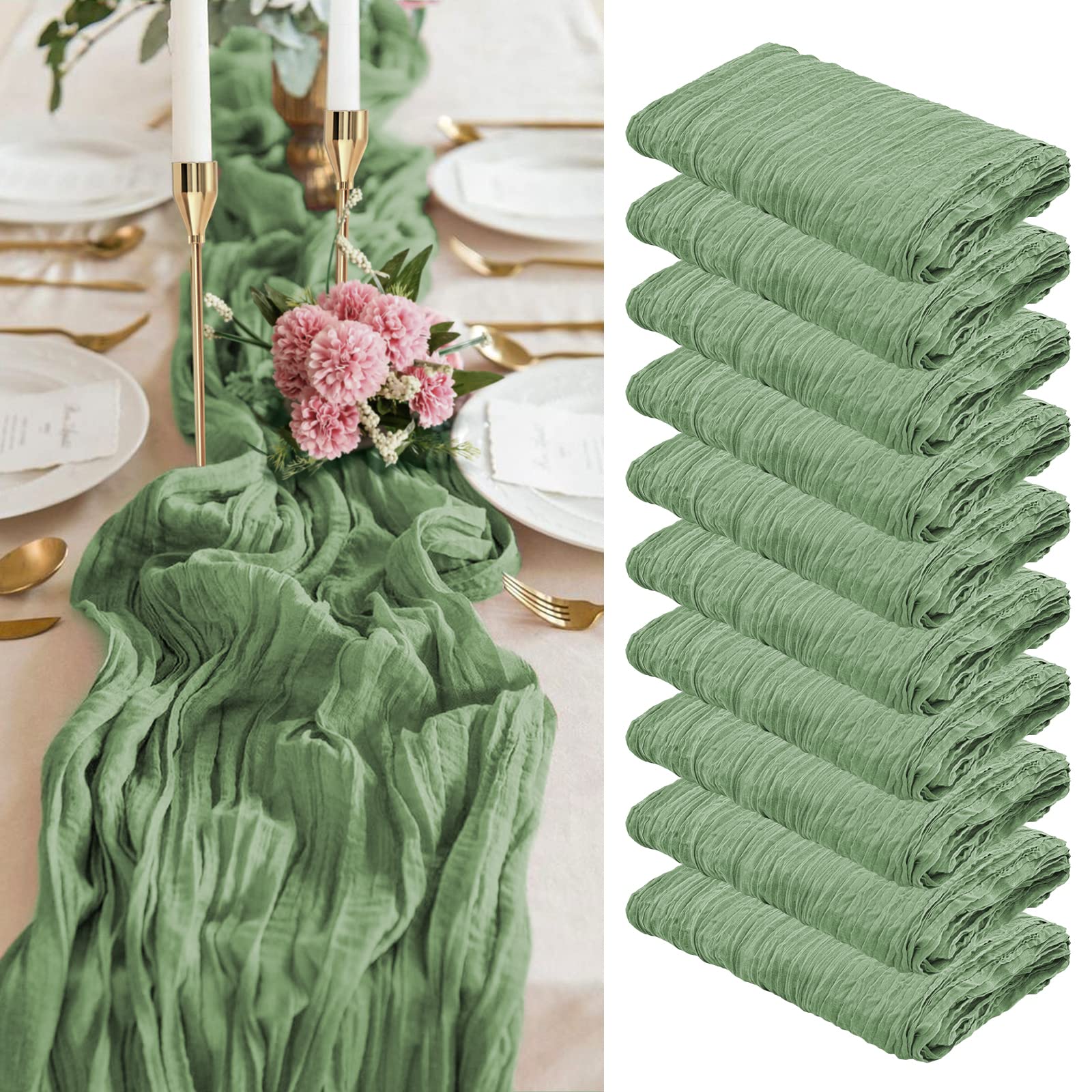 10 Pack Sage Green Cheesecloth Table Runner, 10FT Gauze Table Runner Cheesecloth Fabric Semi-Sheer Table Runner Boho Rustic Tablecloth for Wedding Reception, Bridal Shower Holiday Party