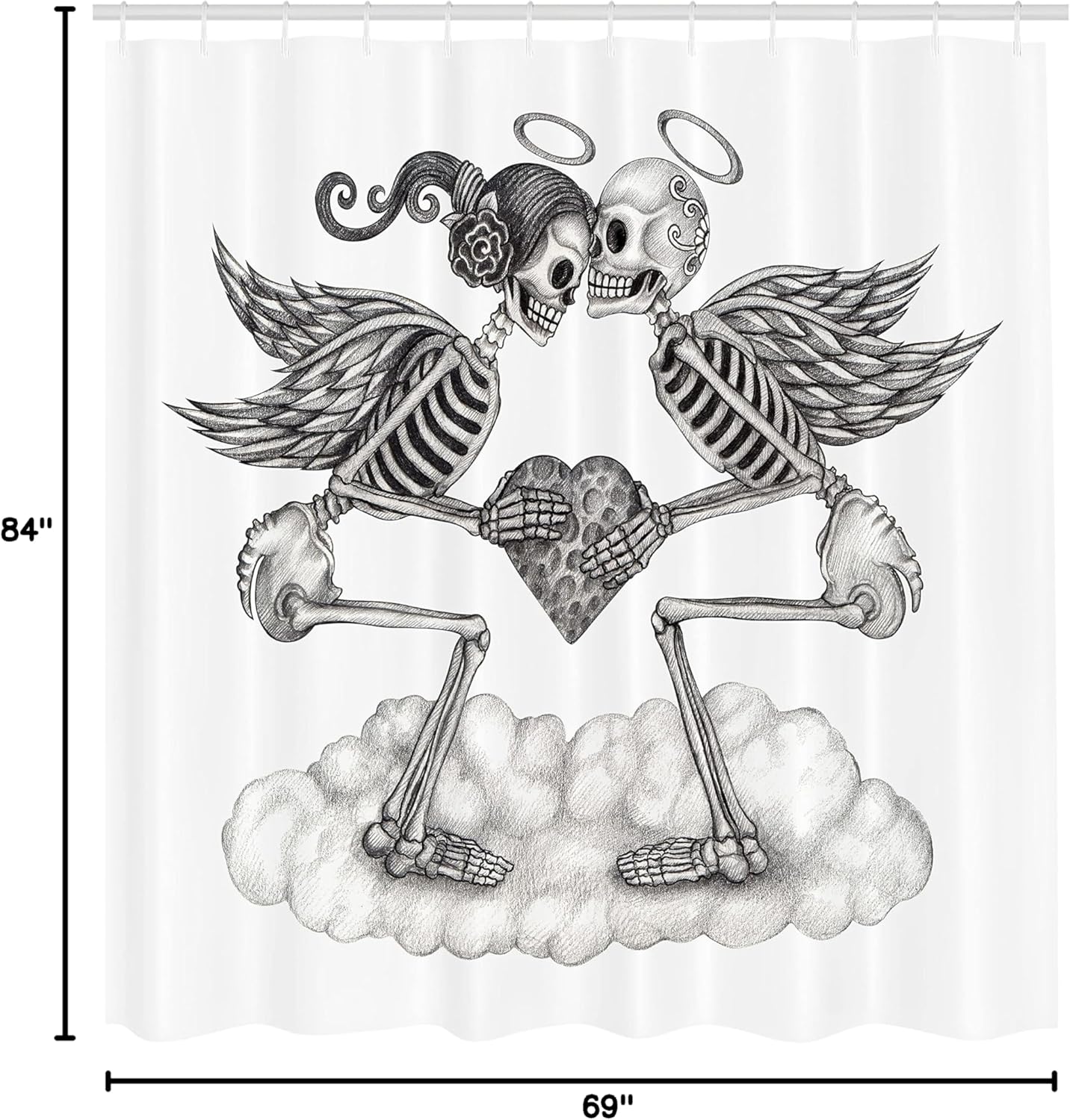 Ambesonne Mexican Shower Curtain, Cupids Skull Skeleton Festival Wings Wedding Vintage Valentine Smiles, Cloth Fabric Bathroom Decor Set with Hooks, 69" W x 84" L, Black White