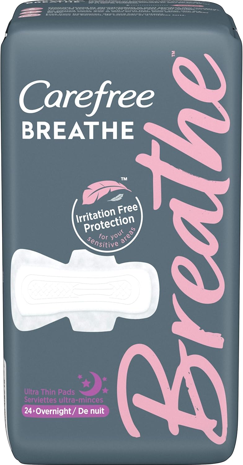 Carefree Breathe Ultra Thin Overnight Pads with Wings, White, Unscented, 24 Count