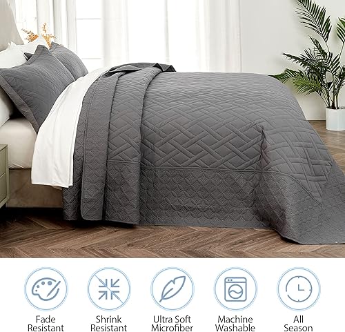 Miniatura 3 de Qucover Colcha tamaño King extragrande de 3 piezas de microfibra suave y ligera, con patrón de diamante, tamaño King ultrasónico con 2 fundas de