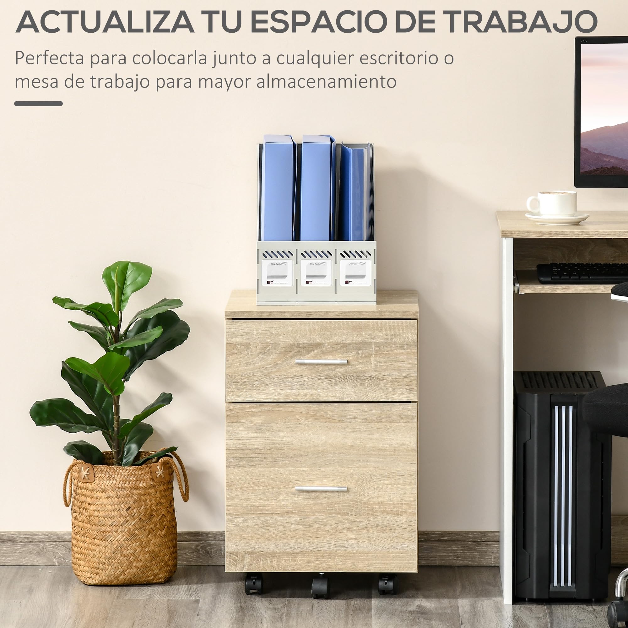 HOMCOM Cajonera de Escritorio con 2 Cajones, Cajonera de Oficina con Ruedas, Archivador Móvil, para Archivos A4 o Cartas, para Estudio, Salón, 39,5x39x58,5 cm, Roble