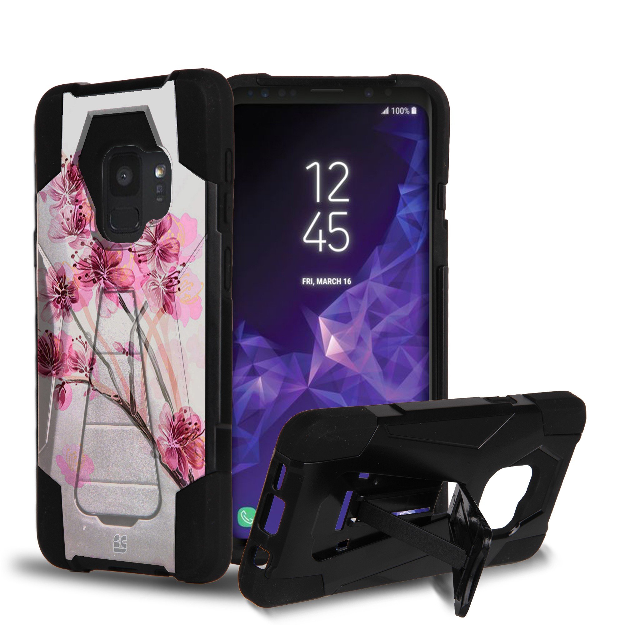 Shock-Absorbing [Rugged] Dual Layered Case w/Tactical Stand Cover Compatible with Samsung Galaxy S9 G960 - Cherry Blossom