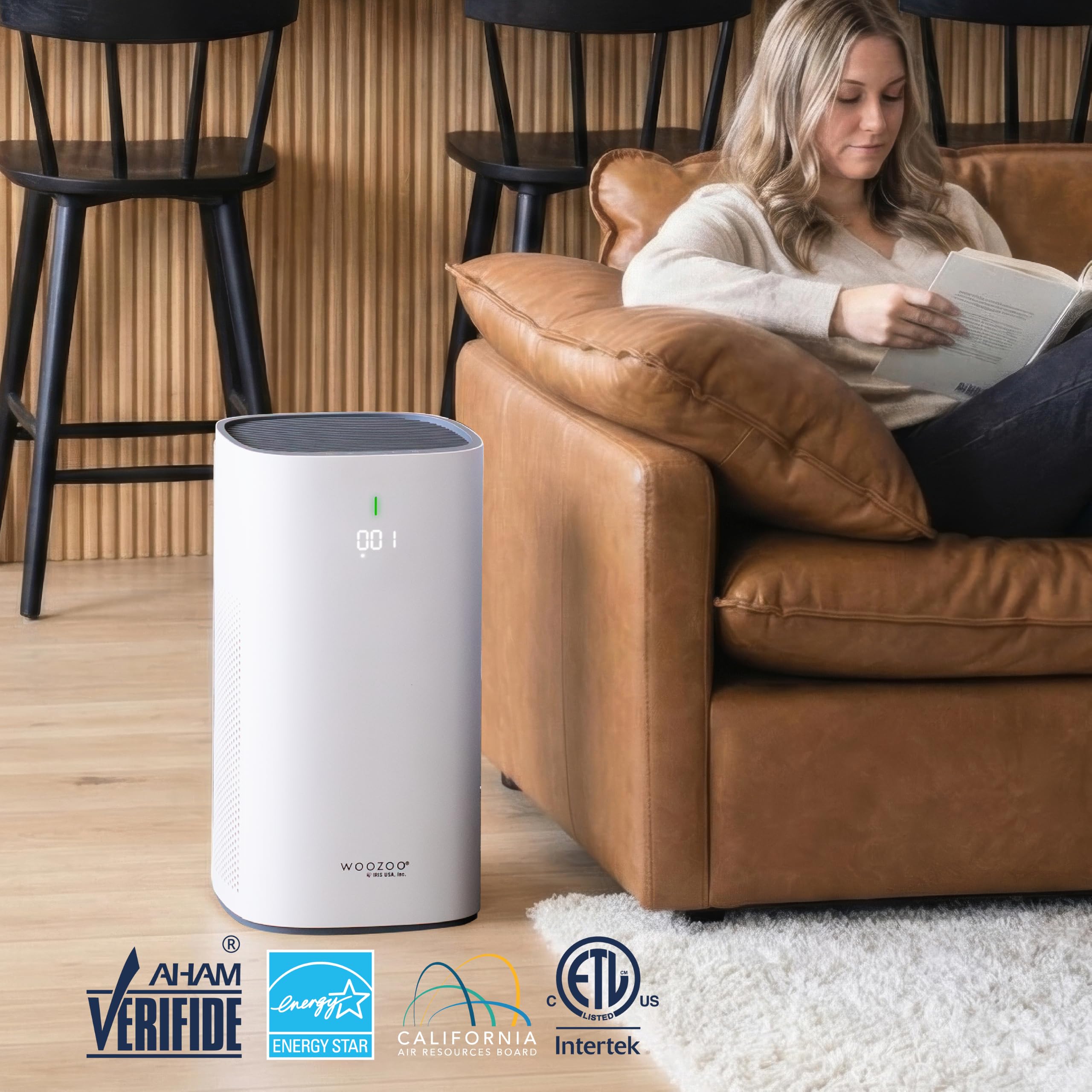 IRIS USA - Purificador de aire para habitaciones grandes, H13 True HEPA con filtro de carbono, 4 velocidades, modo automático y de suspensión, sensor de calidad del aire, cobertura de 1413 pies