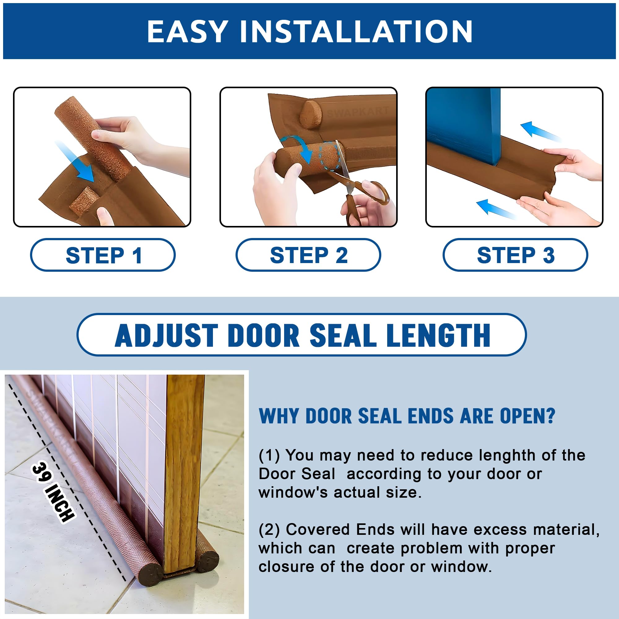 SWAPKART (Pack of 5, 39 Inches) Door Guard Bottom Seal Strip Gap Filler for Doors,Soundproof, Noise Reduction, Energy Saving, Dust & Insect, Rat Protector,Strip for Home & Office(Dark Brown) — Amazon image 3
