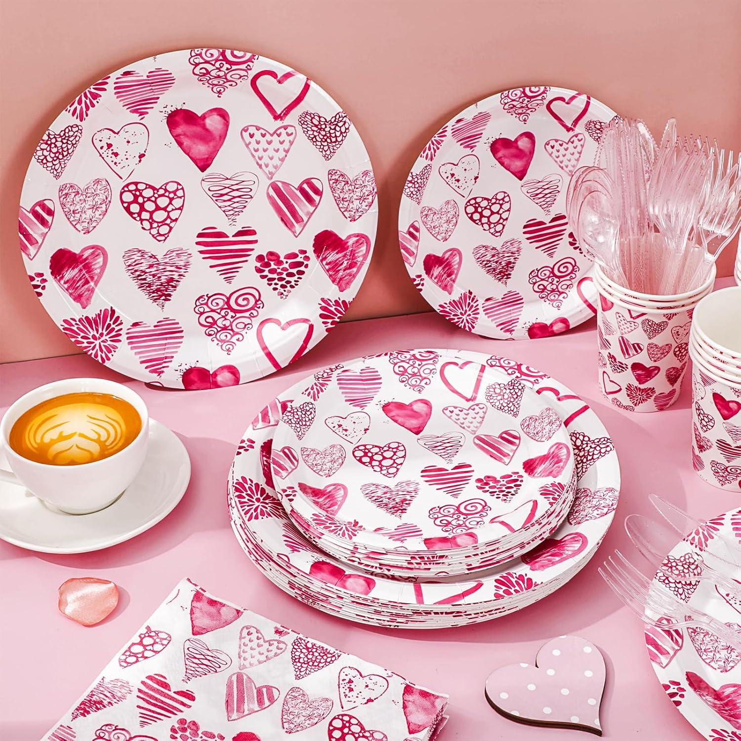 JarThenaAMCS Valentine's Day Party Supplies Kit Watercolor Pink Heart Tableware Set Disposable Paper Plates Cups Napkins Forks Knives Spoons For 25 Guests Wedding Birthday - Image 4