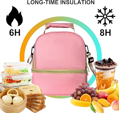 Miniatura 5 de Geestock Mochila de almuerzo aislada para mujer, mochila de almuerzo de doble cubierta, pequeña bolsa de mano con correa extraíble para el hombro,
