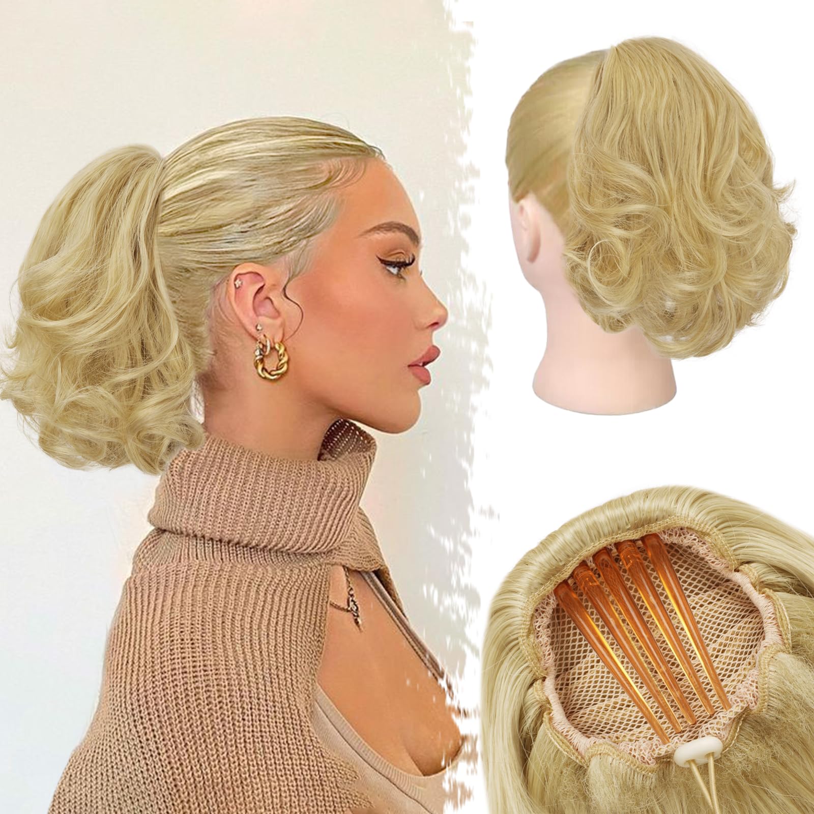 Photo 1 of BARSDAR Short Wavy Blonde Ponytail Extension 9 In Comb Clip Drawstring Ponytail Hair Extensions Thick Soft Synthetic Clip in Pony Tails Hairpieces for Women Girls Daily Party- Ash Blonde 9 Inch (Pack of 1) Light Ash Blonde