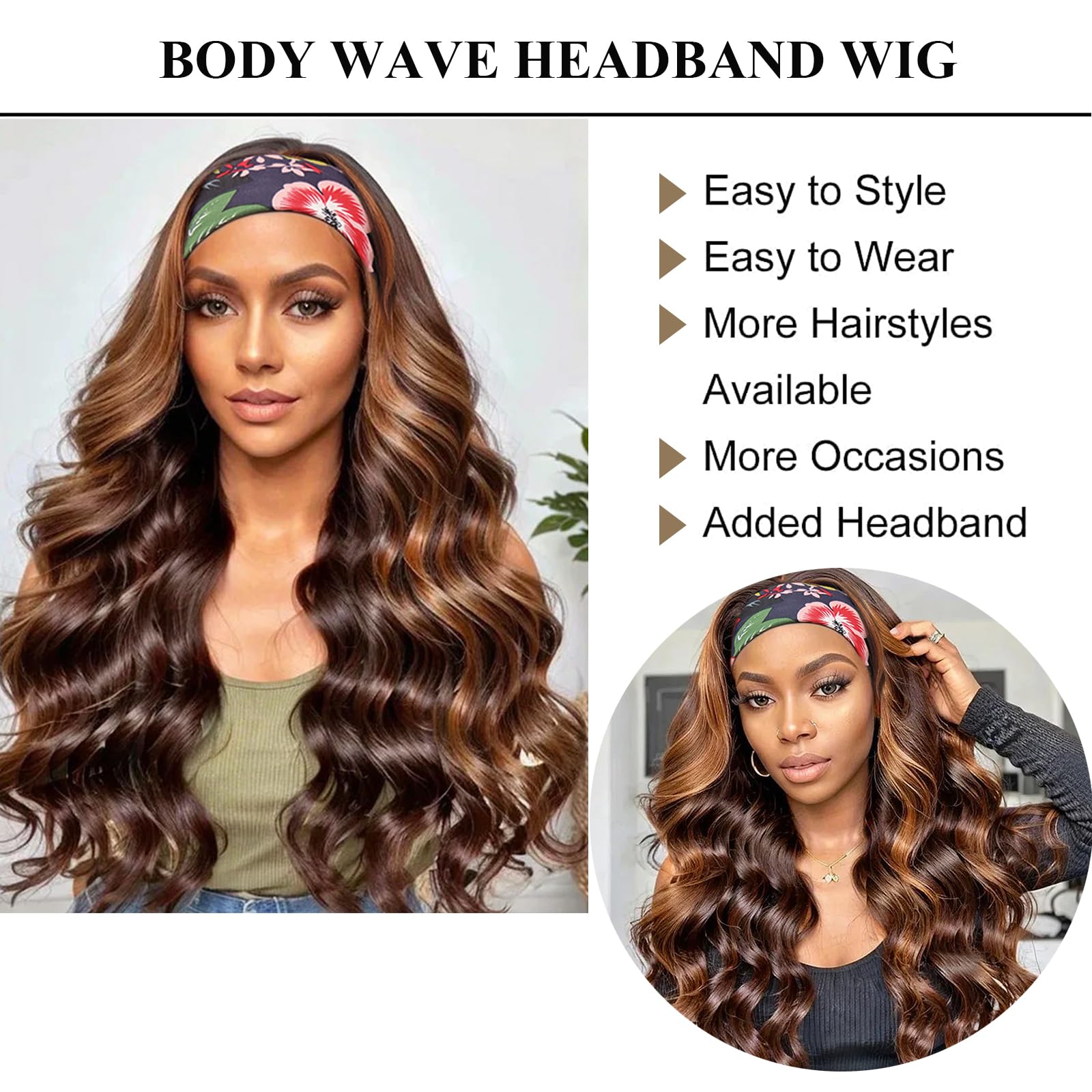 Colorful Queen Perruque avec serre-tête marron pour femme noire - Perruque longue ondulée avec serre-tête - 66 cm - Sans colle