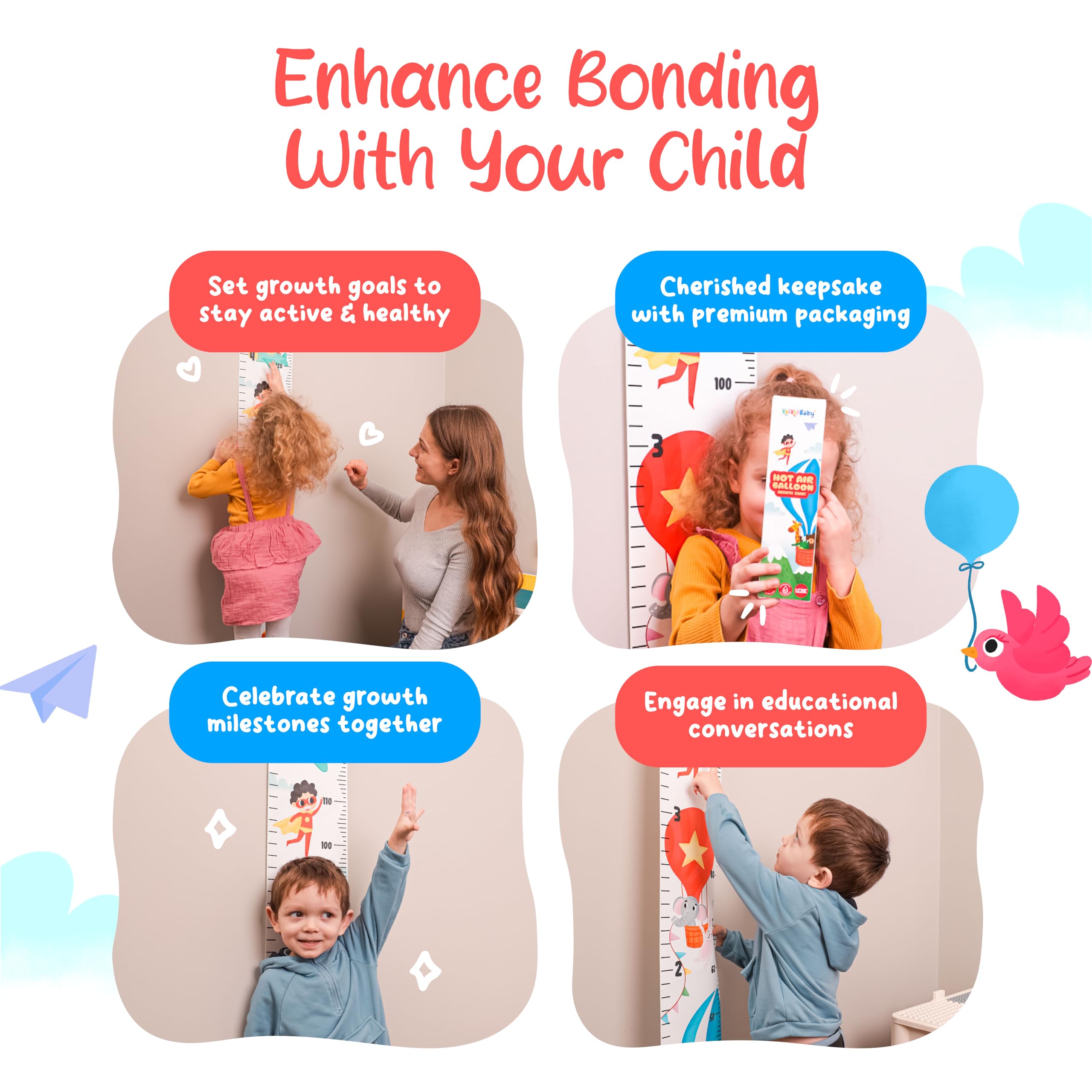 KooKooBaby Tabla de crecimiento para niños para pared – 82 x 7.9 pulgadas, tabla de altura extraíble de lona de alta calidad para niños, medición de altura para niños y bebés, tabla de pared de altura