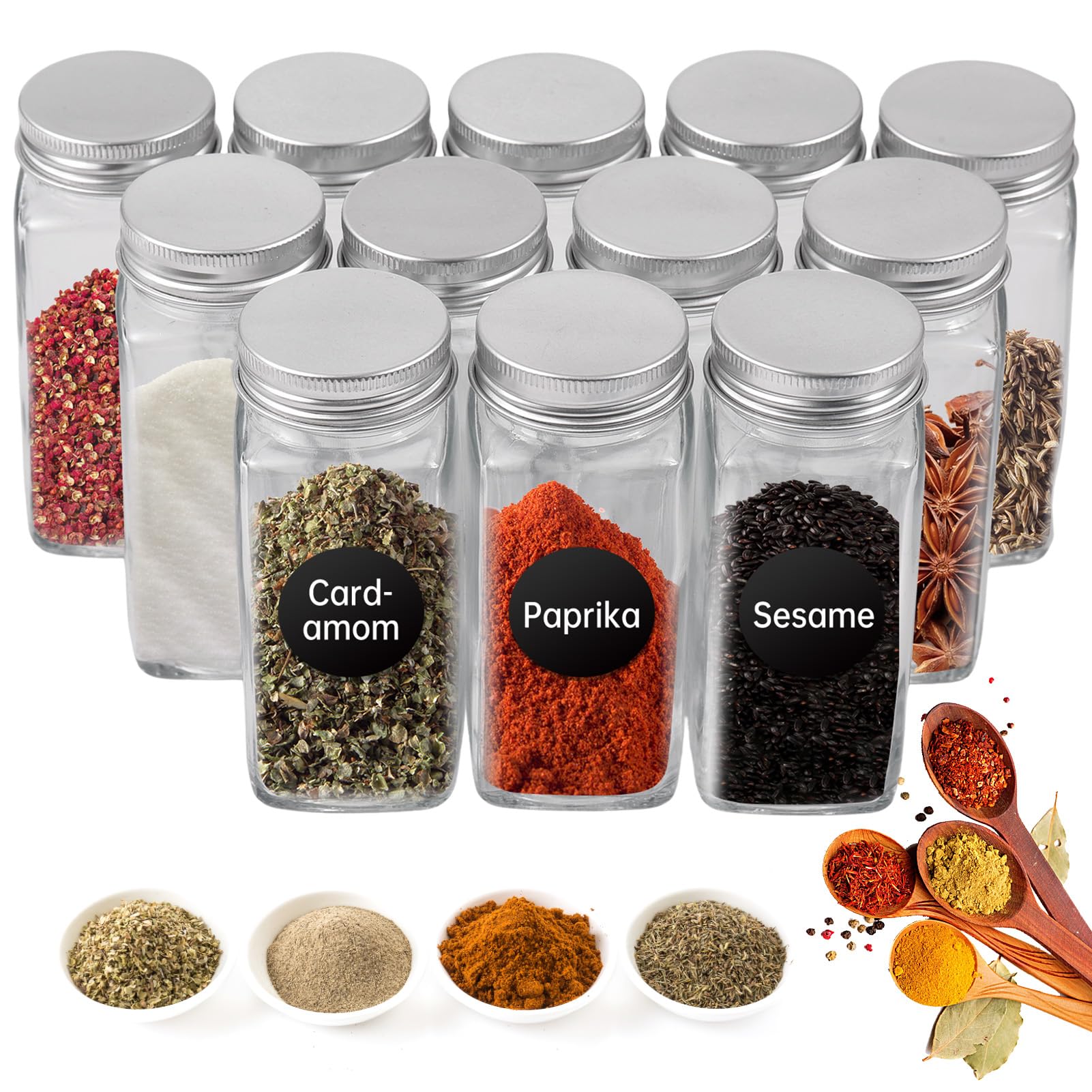Quadratische Gewürzbehälter, Glas-Gewürzdosen-Set, 12 oder 24 Stück, 113 Ml, mit 3 Streudeckeln, Etiketten, Trichterbürste für Küchenschrank, Schublade, Speisekammer, Organizer (24PCS)