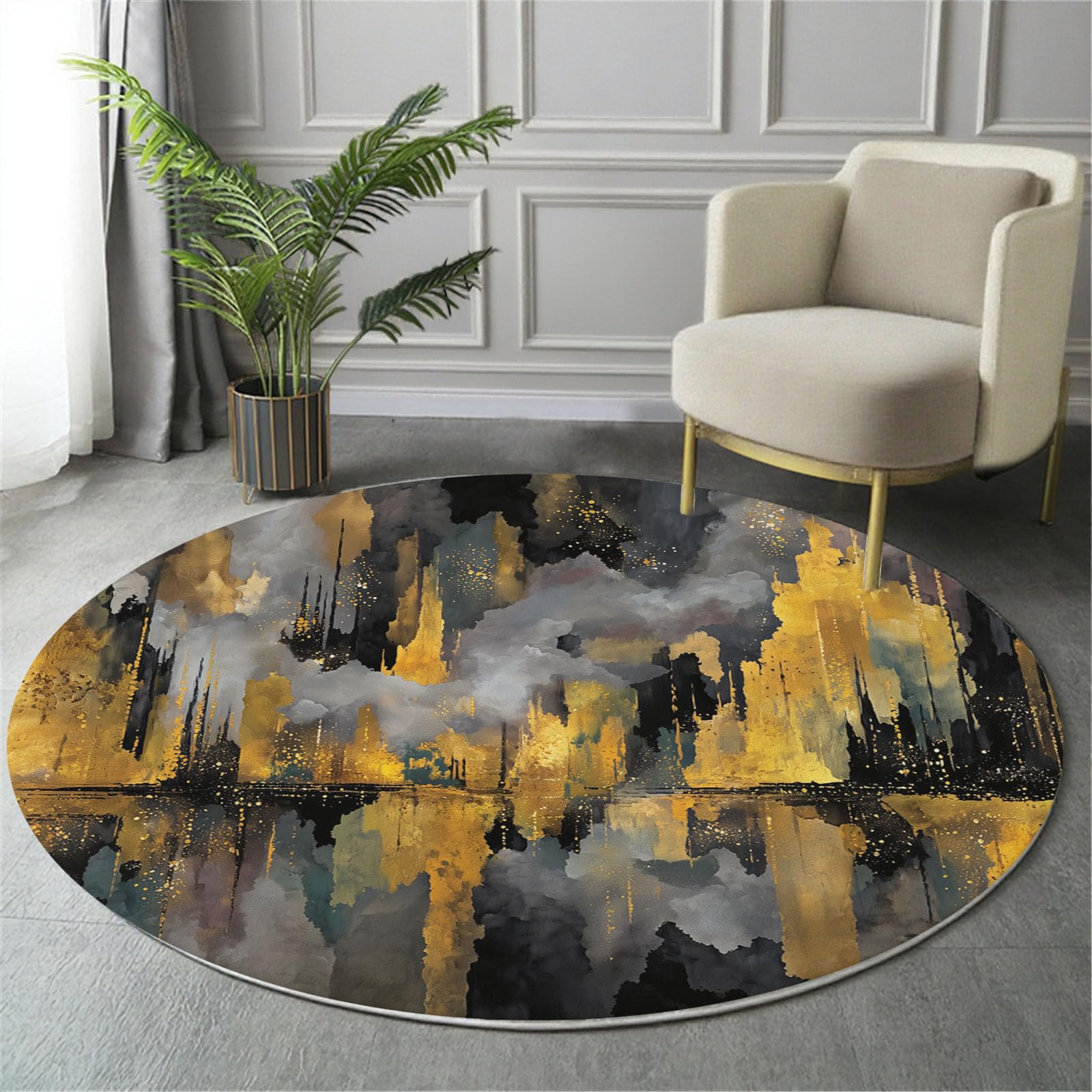 Tapis Rond De Ville en Feuille d'or Tapis Peinture À l'huile Abstraite Fin, Moquette Or Noir Doux Antidérapant Lavable pour Chambre À Coucher Entrée Salle À Manger Dortoir Familial, 100 Cm