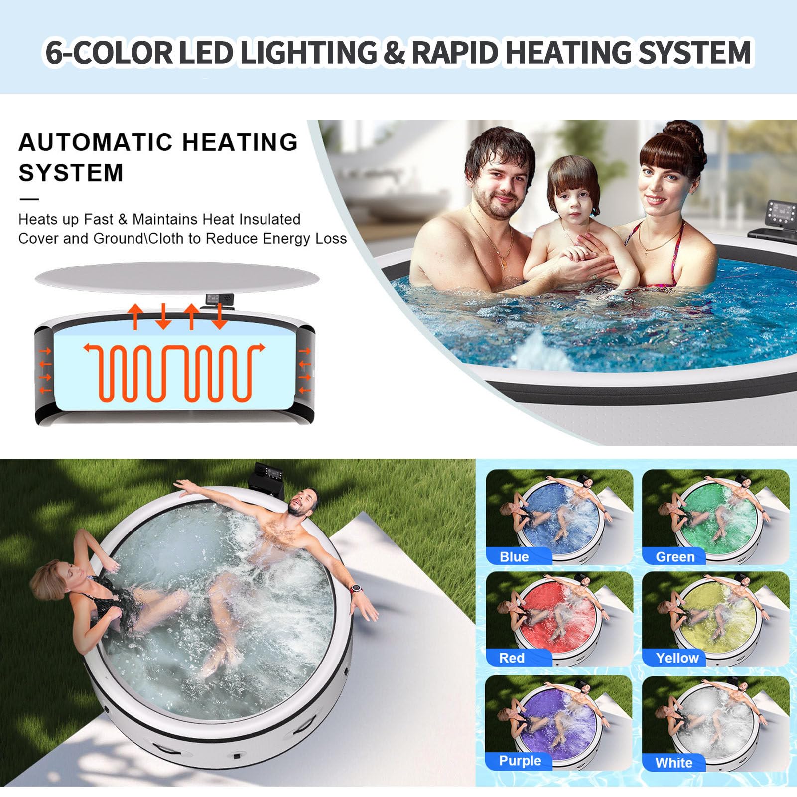 SPA Inflable Grande Y Portátil, Redondo, para 4-6 Personas, para Exteriores, con 150 Chorros De Aire, Bomba De Calefacción Y Cubierta Aislante, 205 X 71 Cm, para Patio, Jardín Y Exteriores