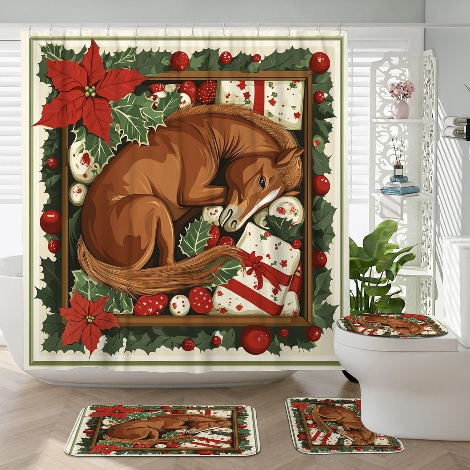 4PCS Christmas Horse Bathroom Sets with Non-Slip Rug, U Shape Toilet Lid Cover Mat, Fun Xmas Tree Balls Scenic Bathroom Decoration 72''x72''