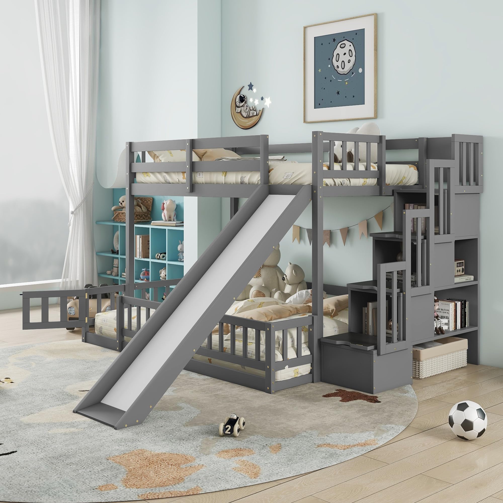 Twin Over Full Bunk Beds with Slide and Stairs, Low Bunk Bed Frame with Rails, Convertible Wood Bunk Bed with Storage Staircase for Kids Boys Girls, Gray