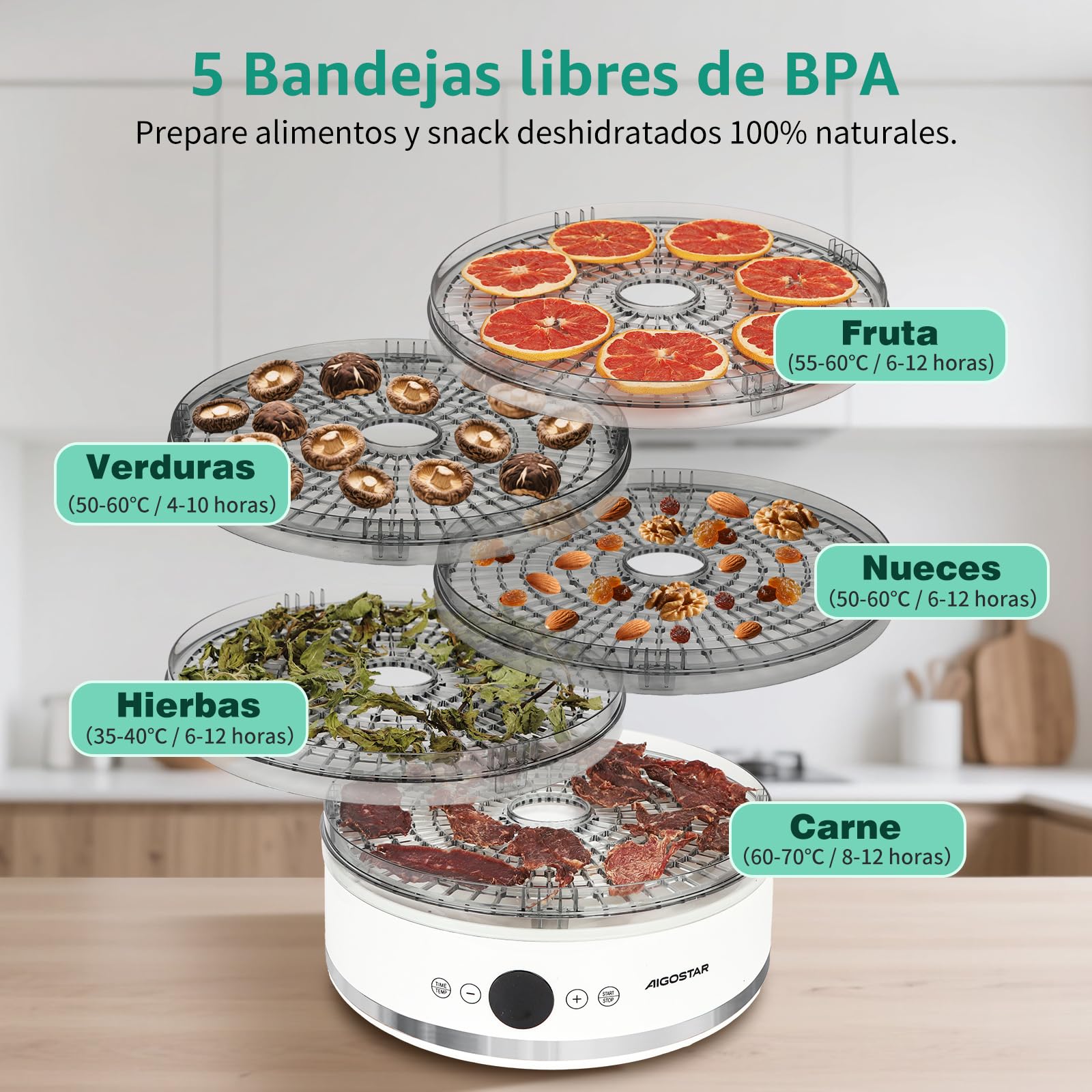 Aigostar Déshydrateur Alimentaire, Écran LED, 5 Plateaux sans BPA, Minuterie de 48 h, Déshydrateur avec Mode "FAN" et Température Réglable de 35 à 70°C, Silencieux, Livre de Recettes Inclus, 380 W