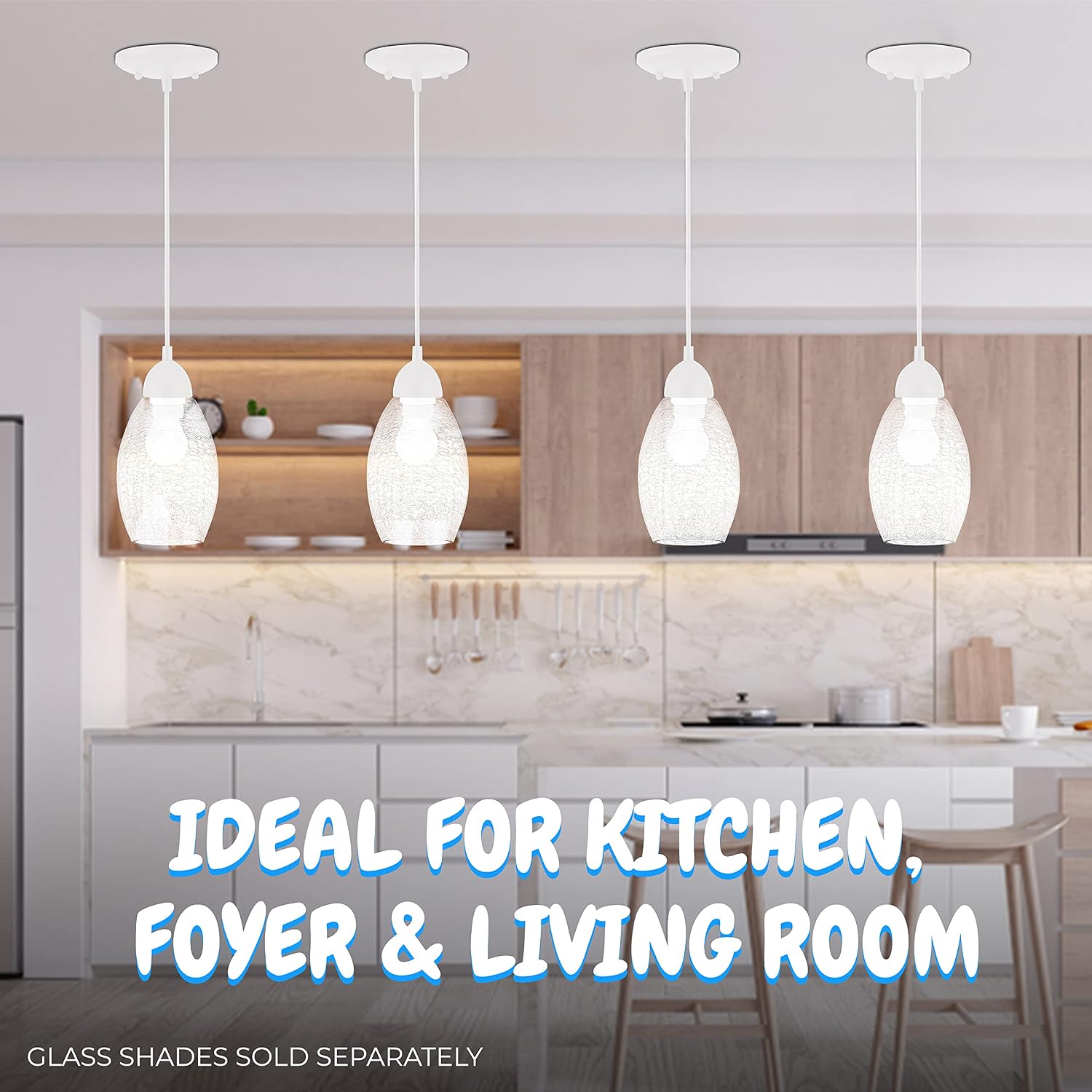 OHLECTRIC 1-Light Mini Pendant - Indoor Hanging Light Fixture with Adjustable Cord, Mounting Hardware & Threaded Shade Ring - Ideal for Kitchen, Foyer & Living Room, White Finish - OL-45729