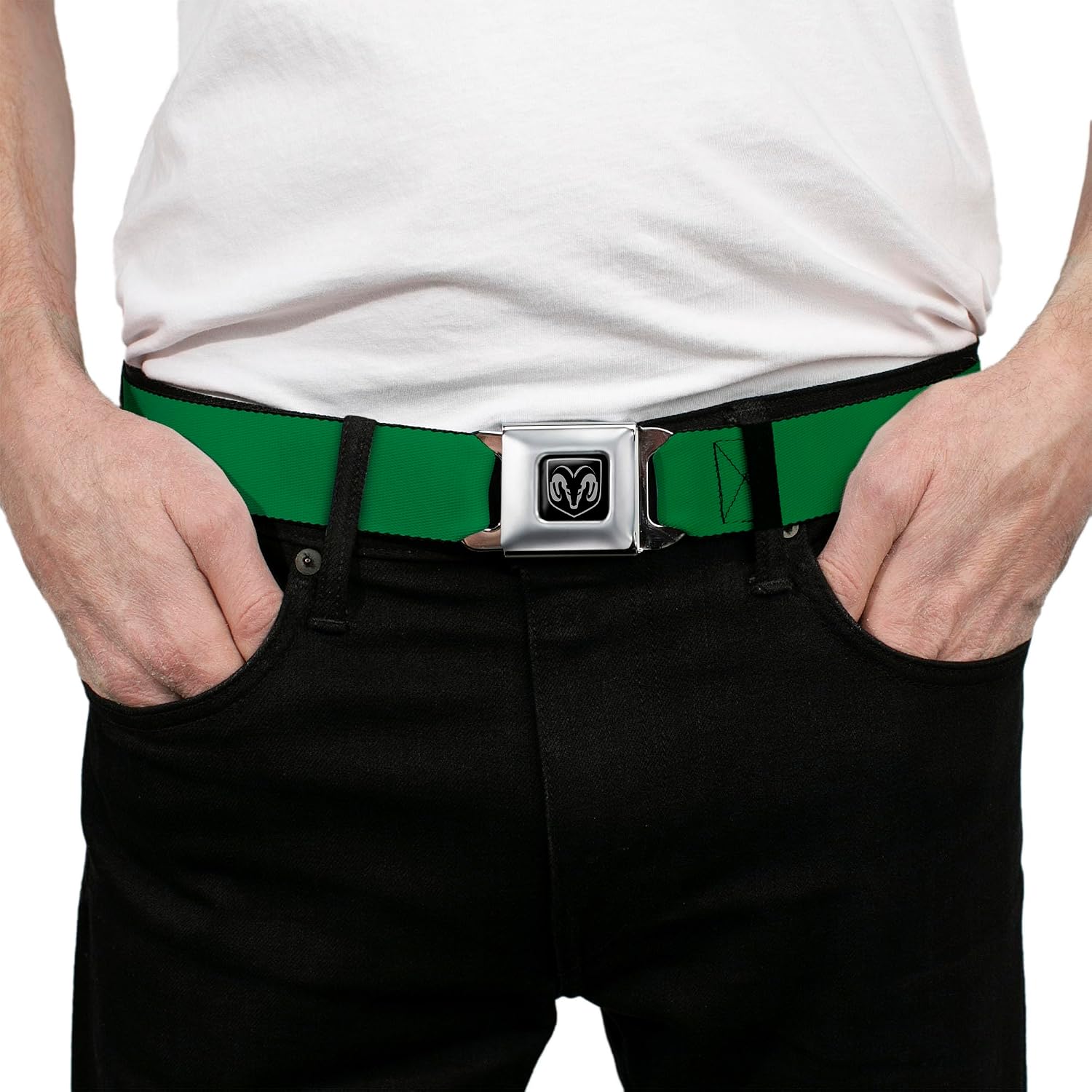 Ram Belt, Seatbelt Buckle Belt, Ram Logo Green, 30 to 44 Inches