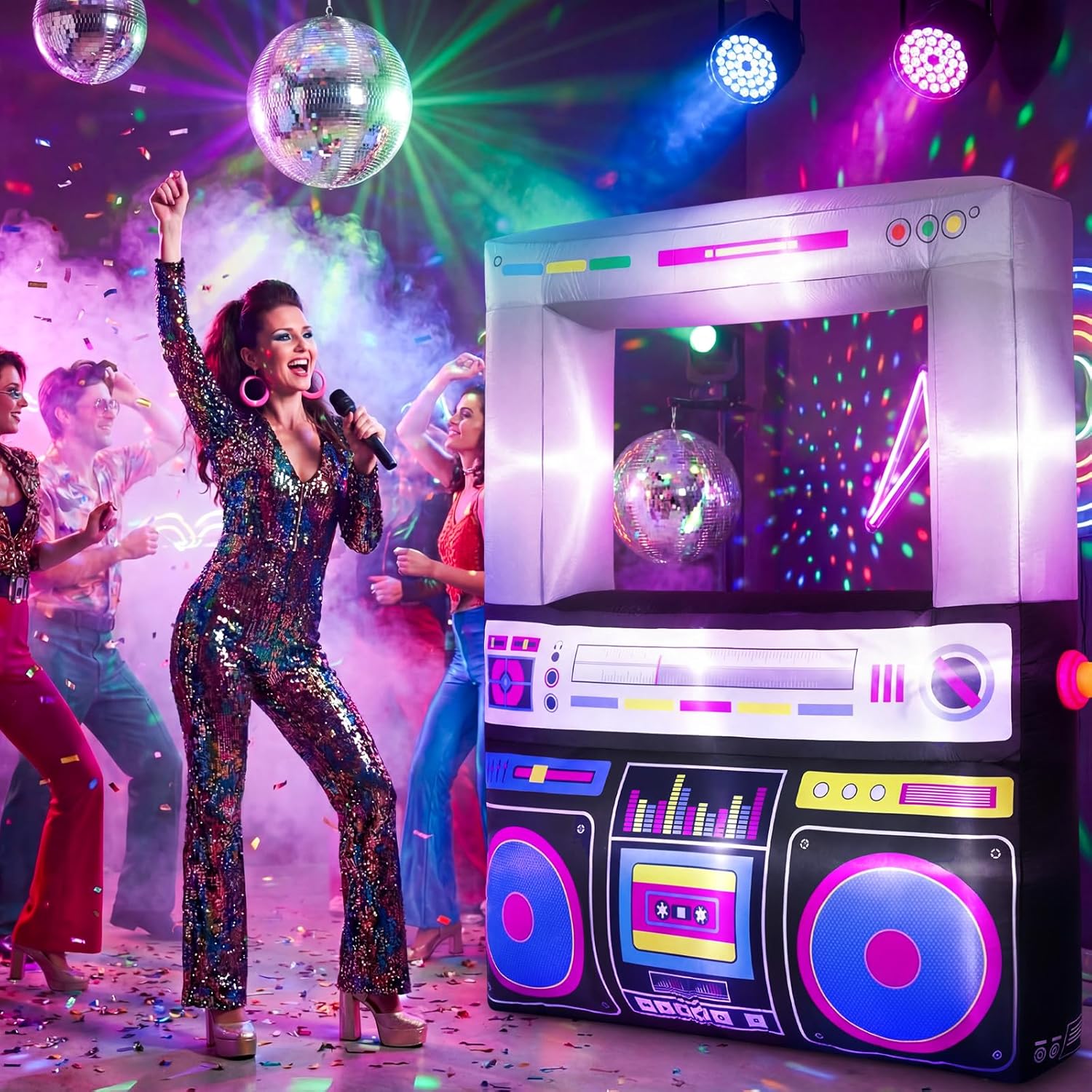 Soulchen 6 x 5 ft Inflatable Radio Boombox Decor with Built in LEDs Lighted and Air Blower, 80's 90's Party Decoration Blow up Giant Radio Boombox for Hip Hop Birthday Disco Retro Photo Props(Black)