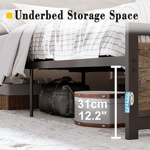 Miniatura 6 de LIKIMIO Base de cama King con cabecero y estribo, soportes fuertes de metal, fácil montaje, sin ruido, no necesita somier, nogal