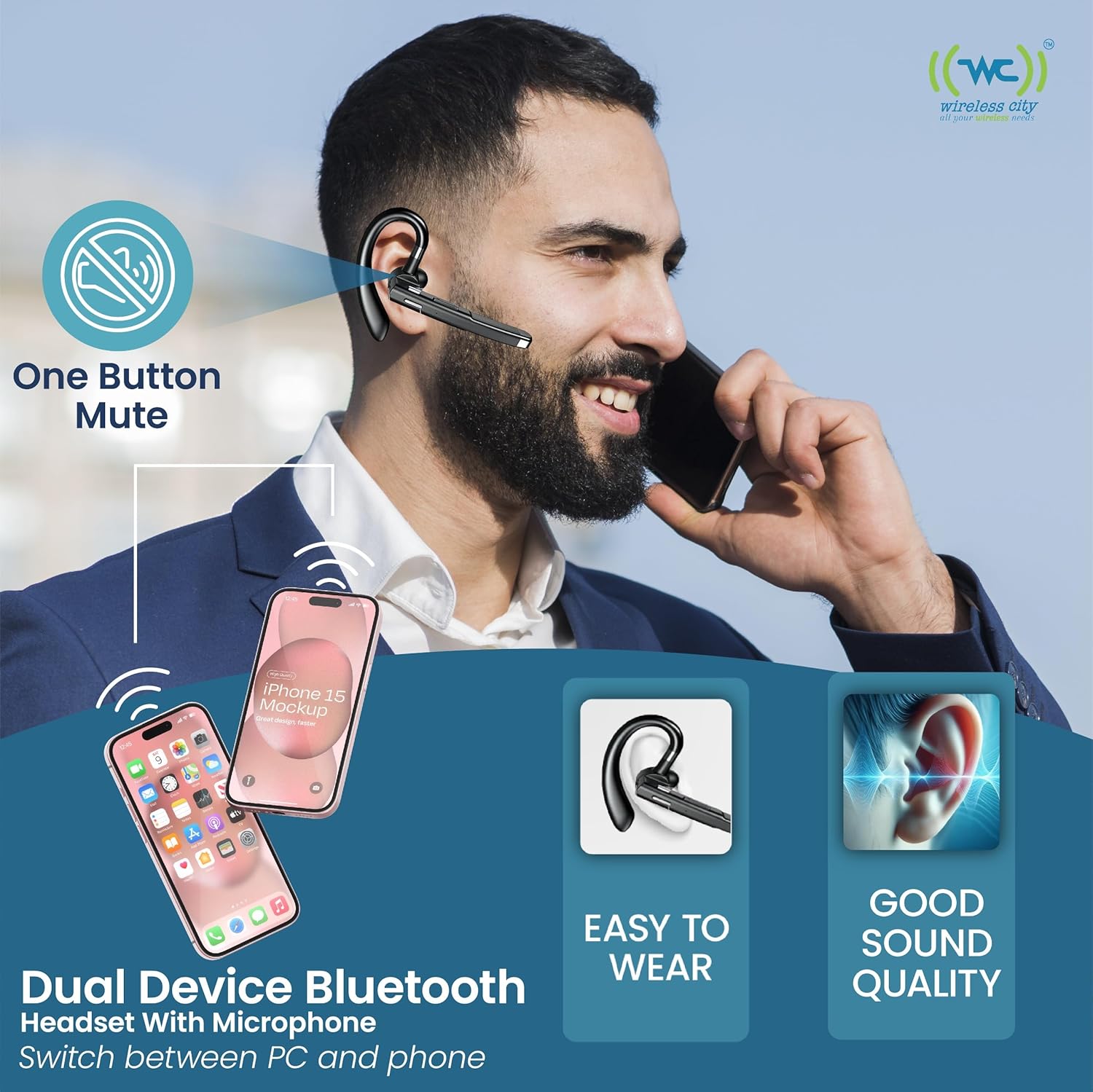 Wireless Bluetooth Headset with Mic, Noise-Cancelling Earpiece with 500mAh Charging Case – Up to 72H Talk Time – Clear HD Sound for Truck Drivers, Office, Call Centre, All Smart Phones. - Image 5