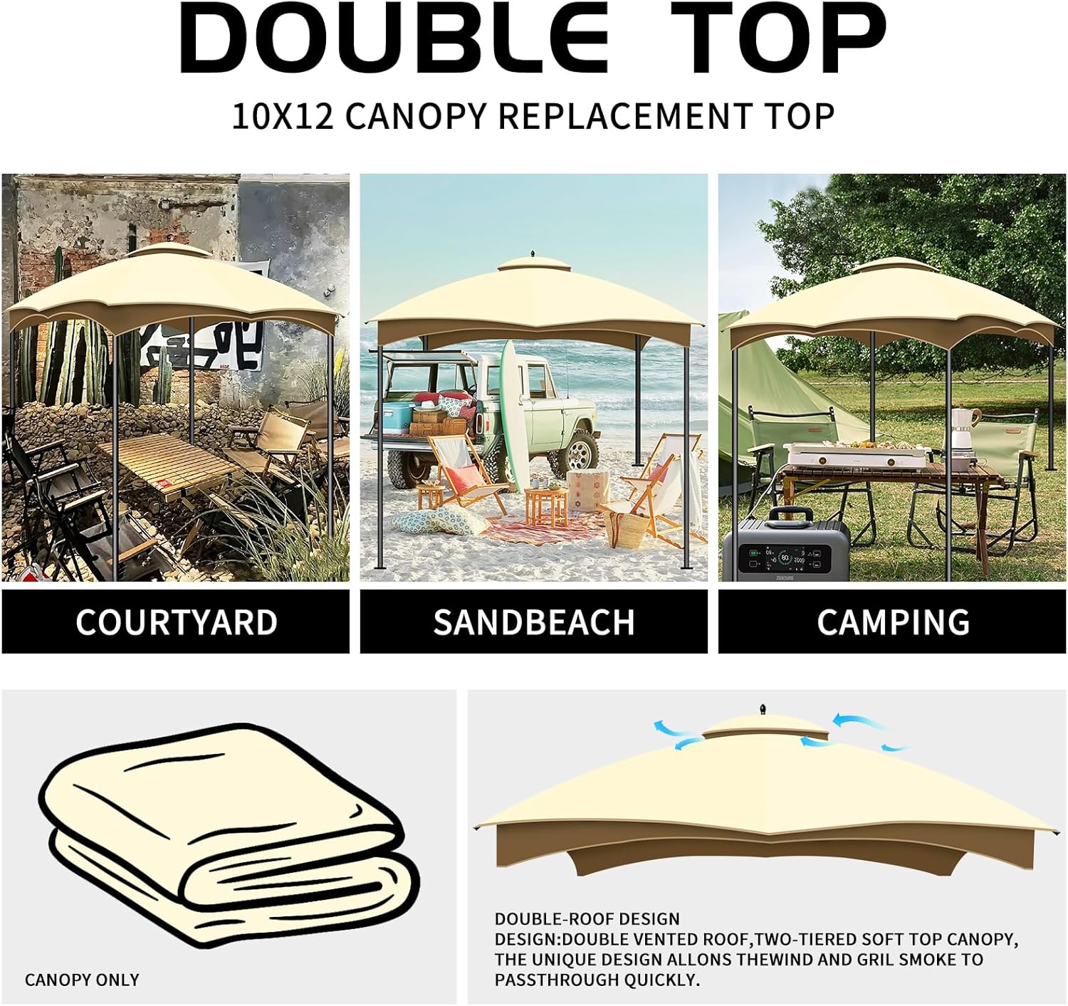 10x12 Replacement Canopy Top for Patio Gazebo, Waterproof & UV Protection Tent Cover, Fits Outdoor,Garden and Backyard (Off-White+Khaki)