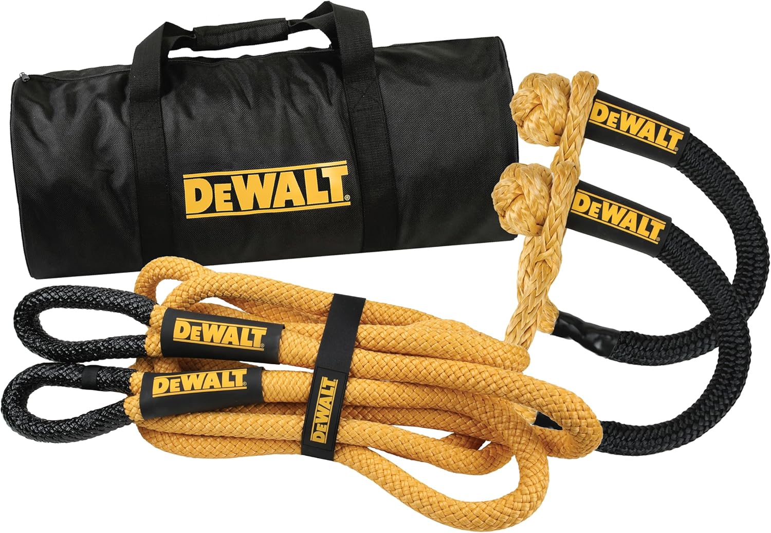 DEWALT DXBC90009 Black/Yellow 1.25" x 30' Heavy Duty Offroad Recovery Kit - Kinetic Rope (52,600 LBS) and Soft Shackles (55,000 LBS)