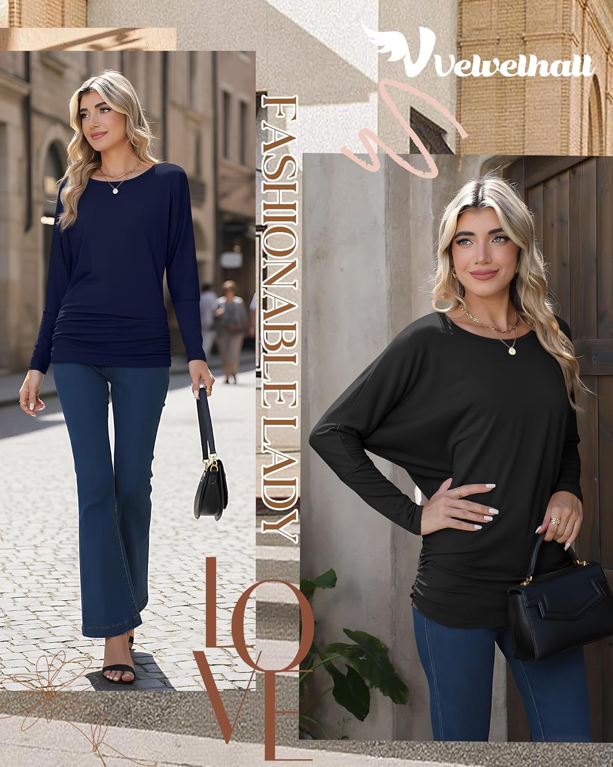 3 Pack Women's Dolman Sleeve Tops Casual Long Sleeve Flowy Side Ruched Shirts Round Neck Bat Wing Draped Basic Tee - Image 3