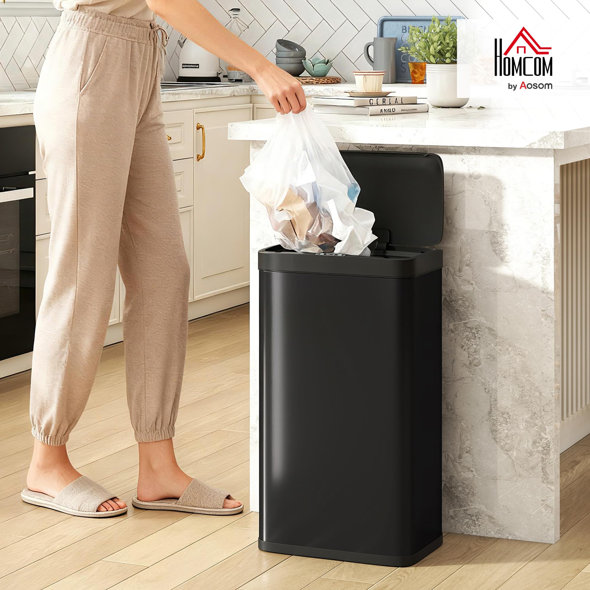 HOMCOM Cubo de Basura Cocina Automático 45 L, Papelera de Cocina de Metal con Sensor Infrarrojo, Cierre Suave, Cubo Interior Extraíble, Antihuellas, para Oficina, Hogar, Negro