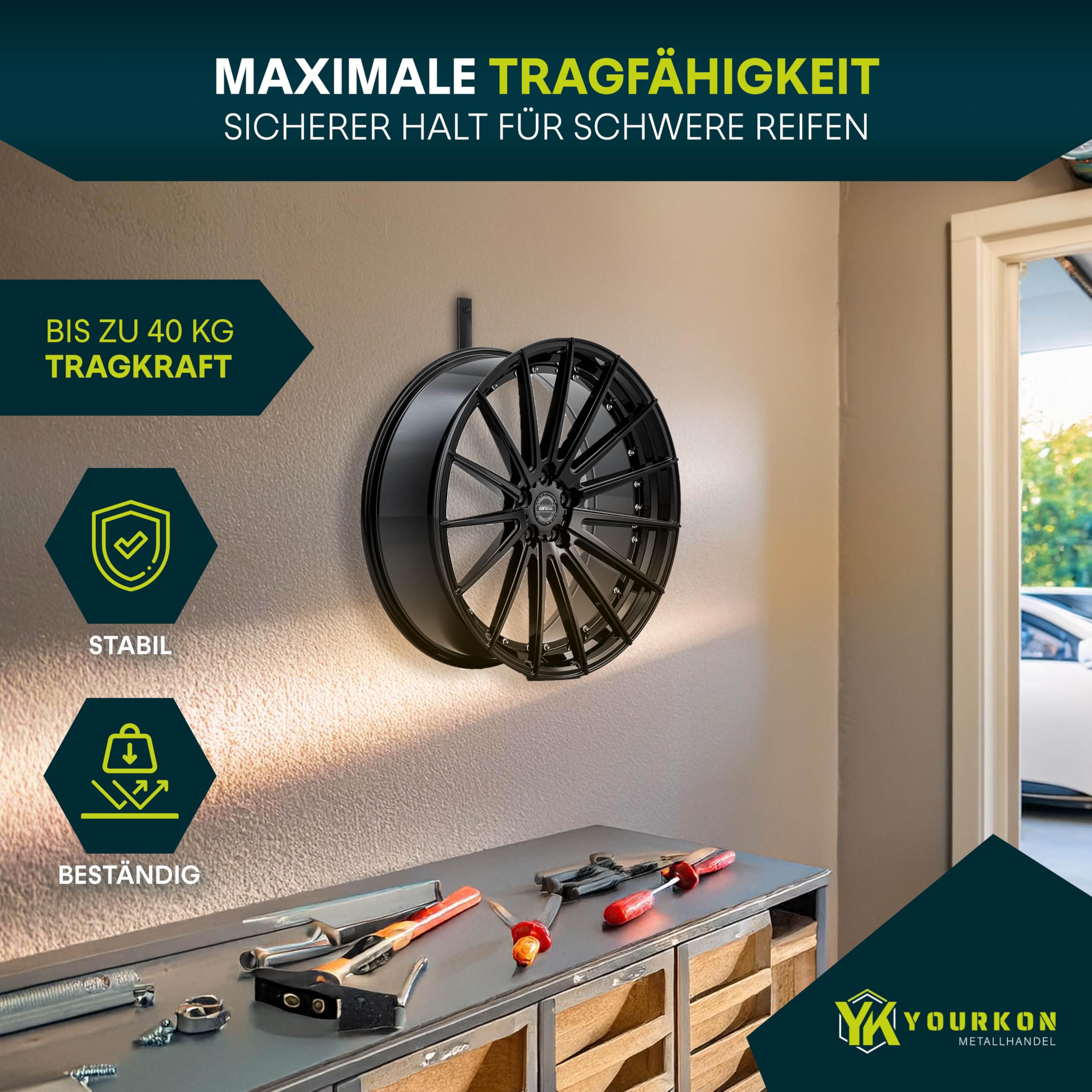 Yourkon WandFix: Reifen- und Felgenhalter 4er Set Platzsparende Wandhalterung für Reifen Tragfähigkeit bis 25KG inklusive Montagematerial