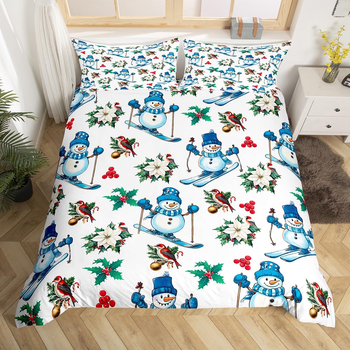 Manfei 2 Pieces Winter Sport Skiing Duvet Cover Twin Size for Teens Youth,Cute Christmas Snowman Cartoon Comforter Cover,Red Green Flowers Leaves Farmhouse Style Super Soft Bedding (Not Comforter)
