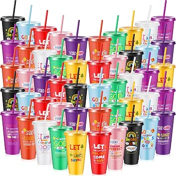 Uiifan 50 Pcs Christian Cups Bulk, Bible Verse Tumblers, Multicolor | Reusable Plastic with Lids Straws, VBS Church Sunday School, Christian Party Favors, Religious Gifts for Boys Girls