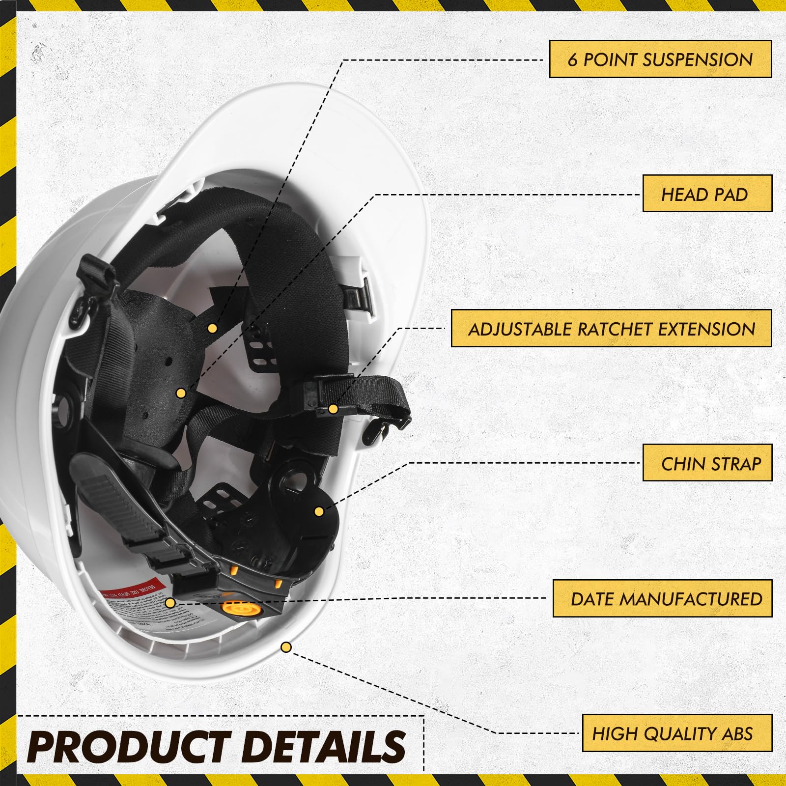 10 cascos duros con suspensión estilo gorra estilo gorra de 6 puntos con trinquete ventilado, construcción blanca, casco duro a granel con correas de corona autoajustables para seguridad