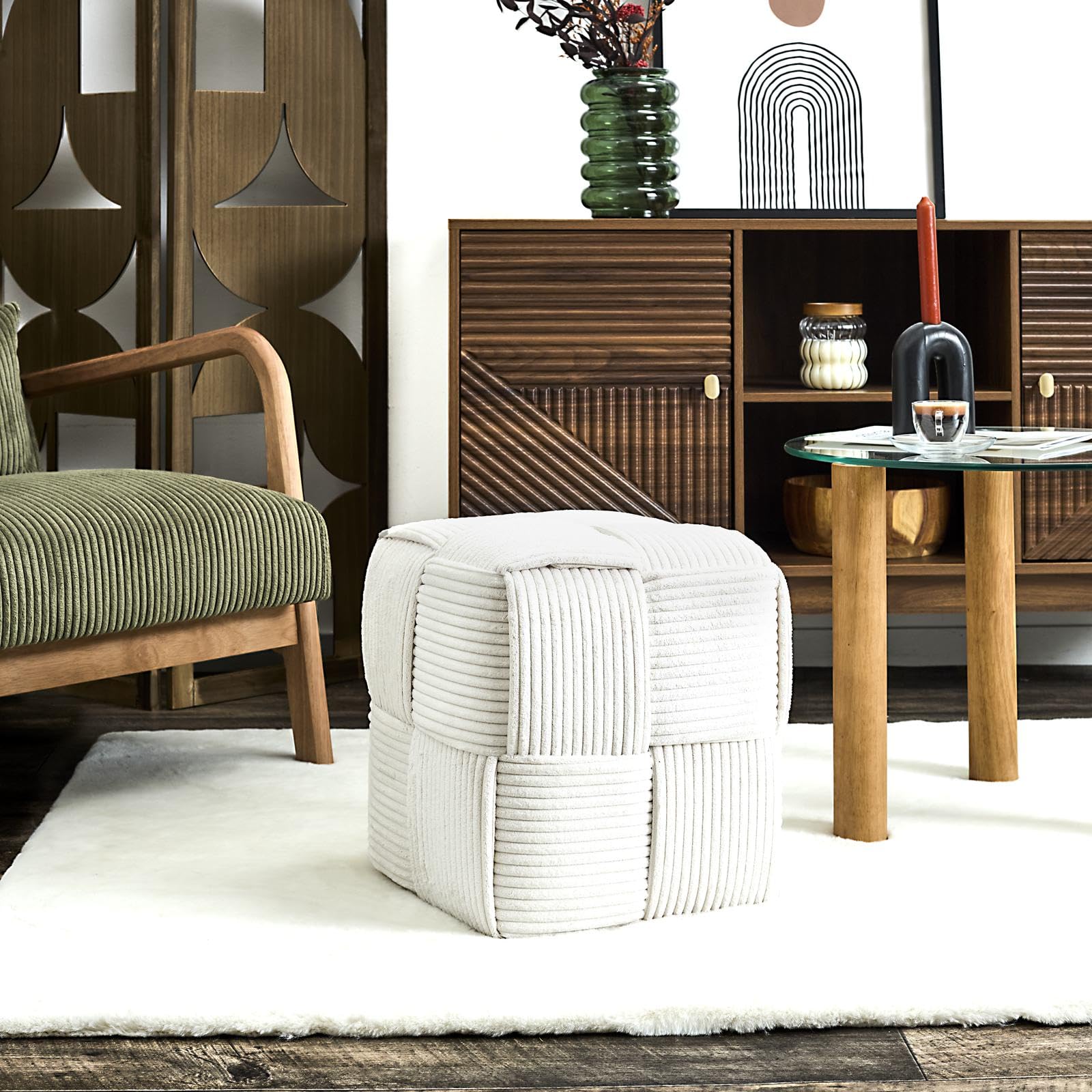 HOME DECO FACTORY Pouf Côtelé Tressé Siège et Repose-Pieds Beige