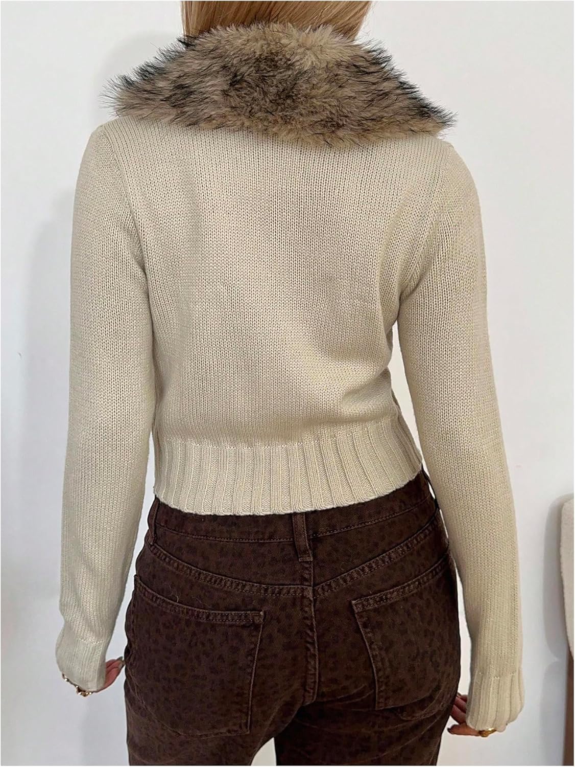 MakeMeChic Women's Faux Fur Cardigan Sweater Fuzzy Long Sleeve Y2k Party Crop Outerwear - Image 3