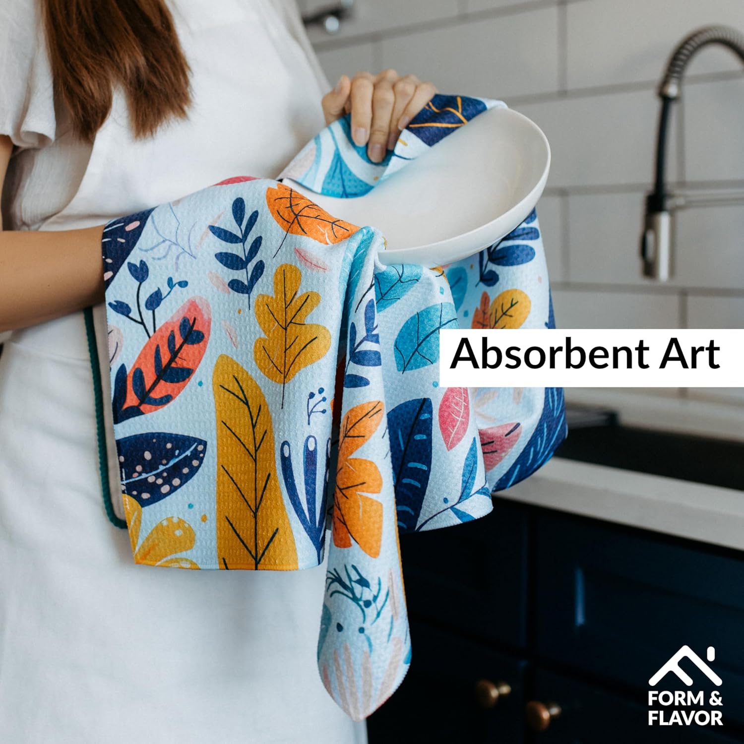 Luxurious GridFibe™ Kitchen Towels Decorative Style - (18" x 30", 2 Pack) – Super Absorbent Hand Towels for Kitchen - Quick Drying Large waffle GridFibe™ Tea Towel - Both Sides Printed - Fjord Flowers