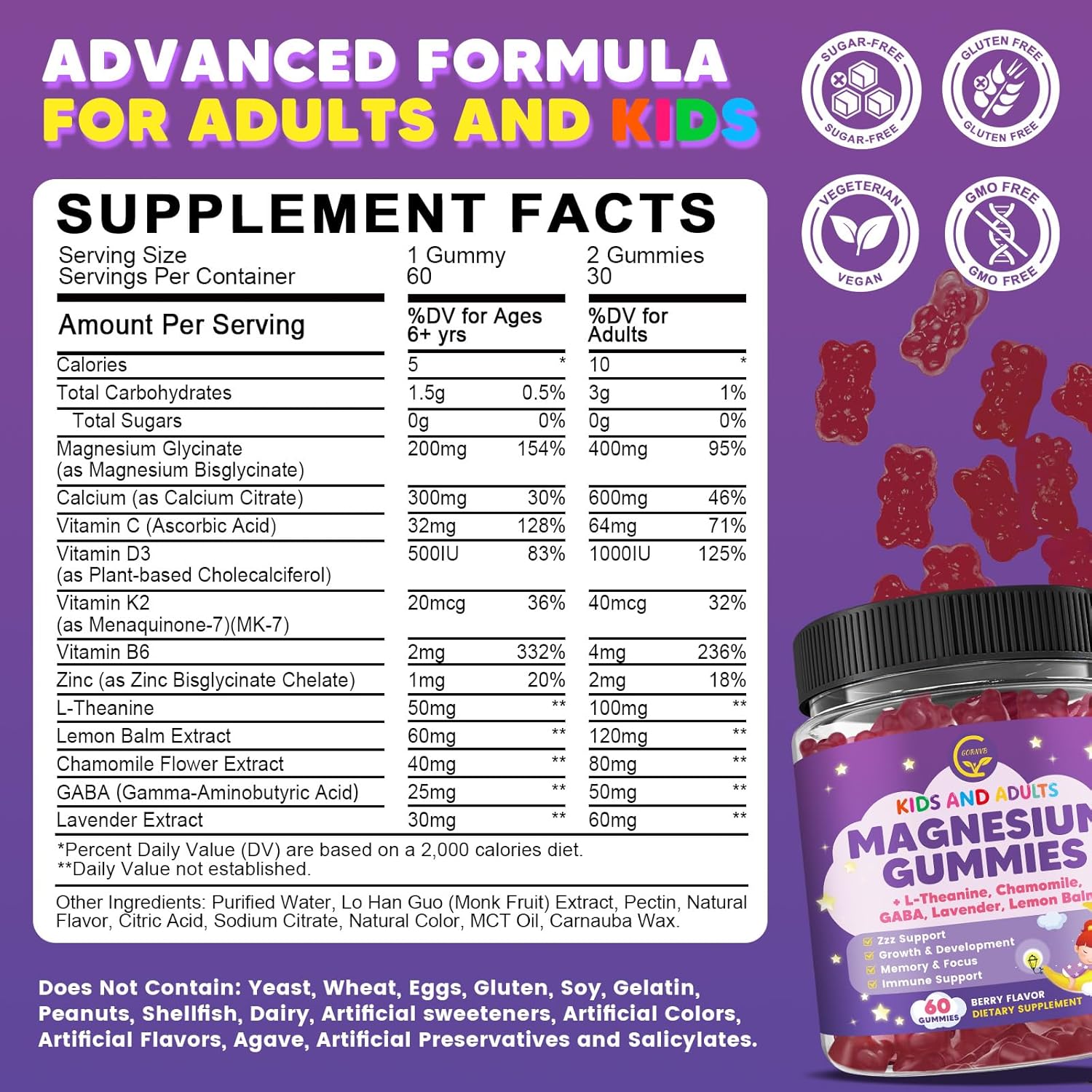 (2 Pack) Magnesium Glycinate Gummies for Kids & Adults, Sugar Free Magnesium Glycinate 400/200mg Supplement with Chamomile, Lavender, L-Theanine & GABA, B6, D3 & K2 for Relax, Brain, Immune Support - Image 2