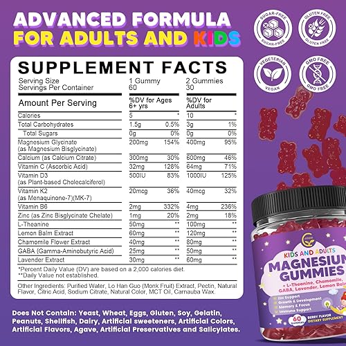 Miniatura 2 de Gomitas de glicinato de magnesio 400200 mg para niños y adultos, sin melatonina para dormir, suplemento de magnesio con manzanilla, lavanda,