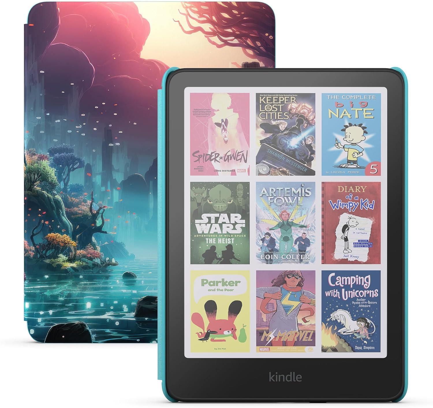 Amazon Kids Entertainment Device Bundle Including Kindle Colorsoft Kids (16GB, Fantasy River) + Echo Dot Kids (Dragon)