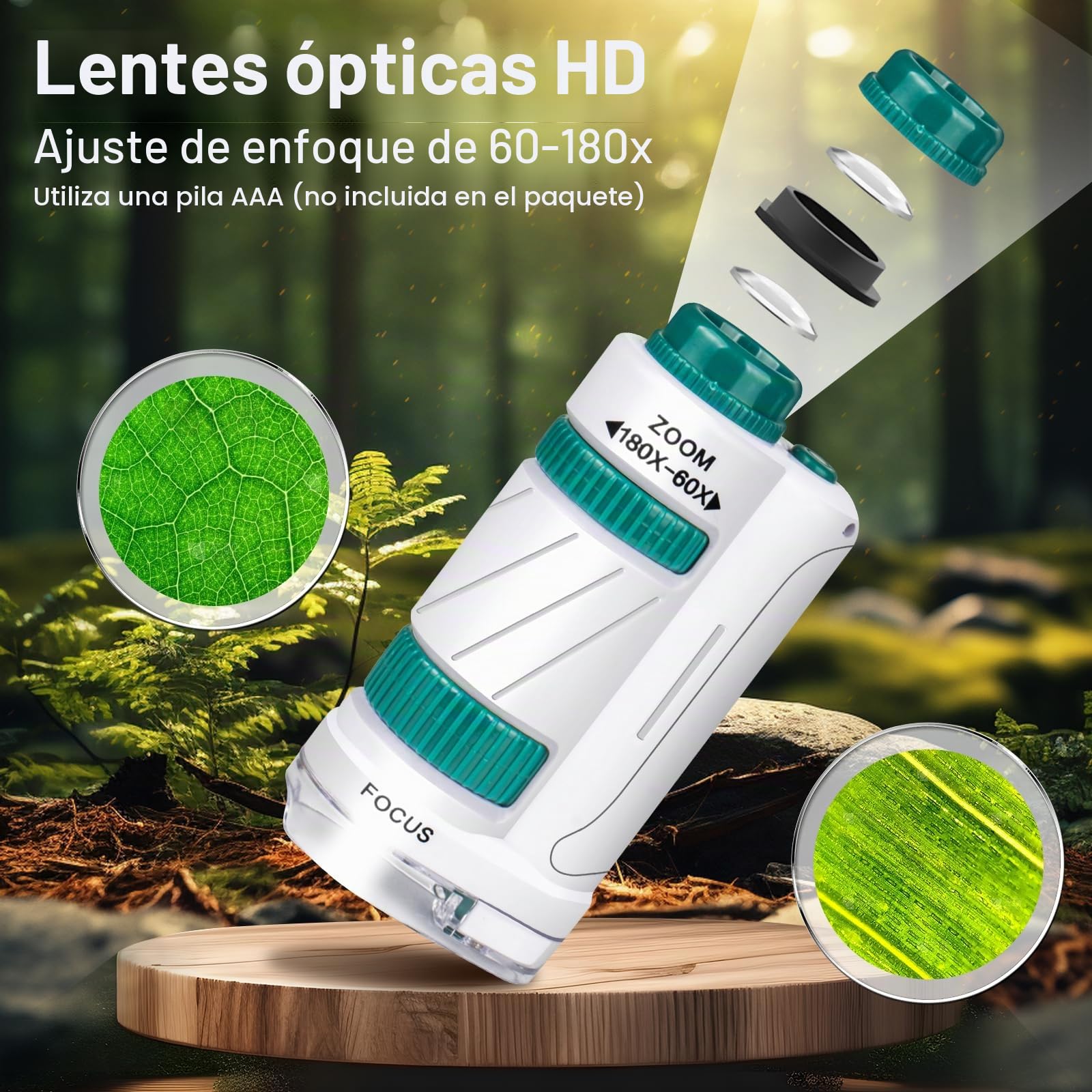 KinZon Microscopio 3 en 1 para niños, con 5 cuchillas preparadas, luz LED, 60x-180x, juguete científico educativo, desde 6 años
