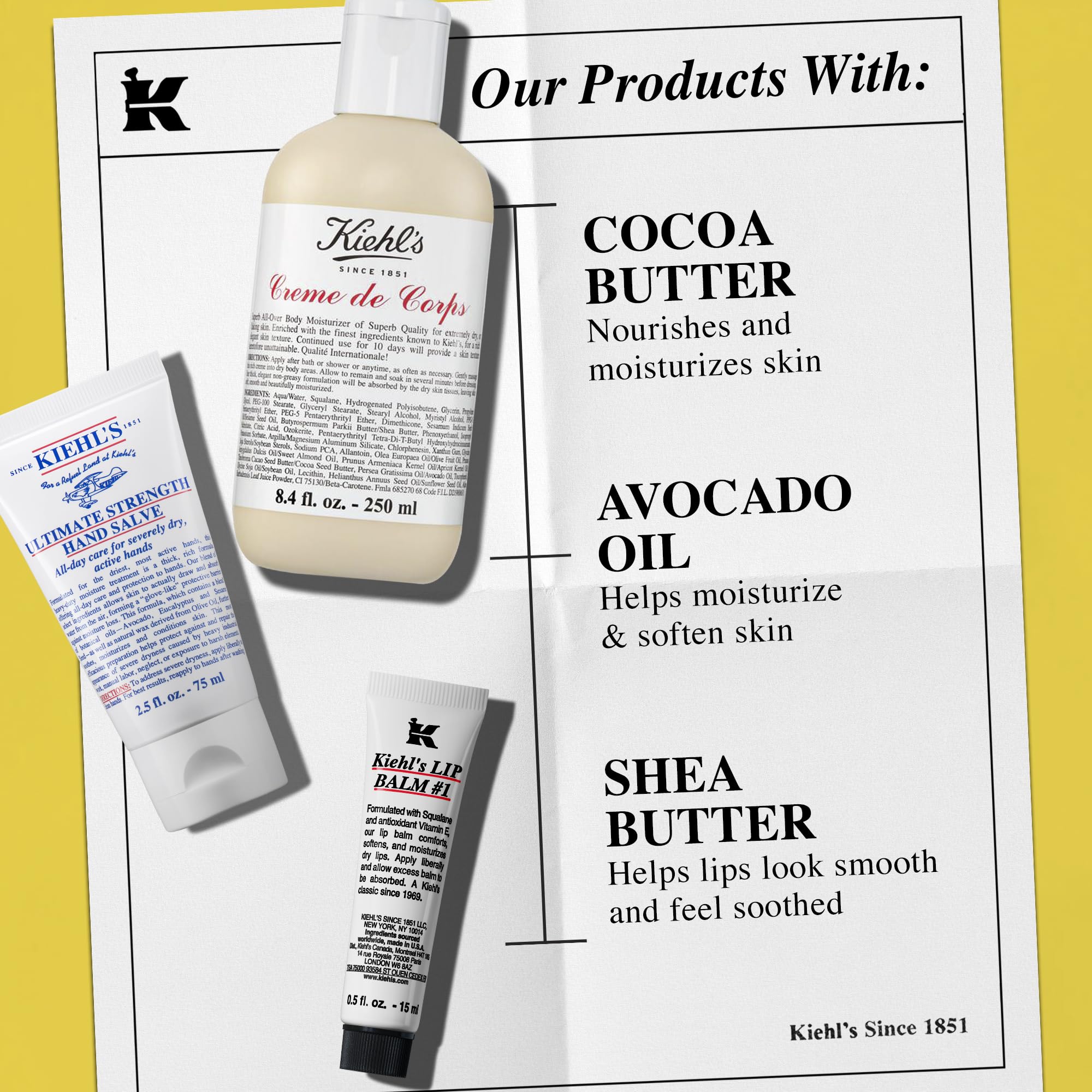 Kiehl's Body Care Routine Gift Set, $75 Value, Includes Moisturizing Hand Lotion, Body Cream, and Lip Balm, With Shea and Cocoa Butter, For Dry Skin and Men and Women